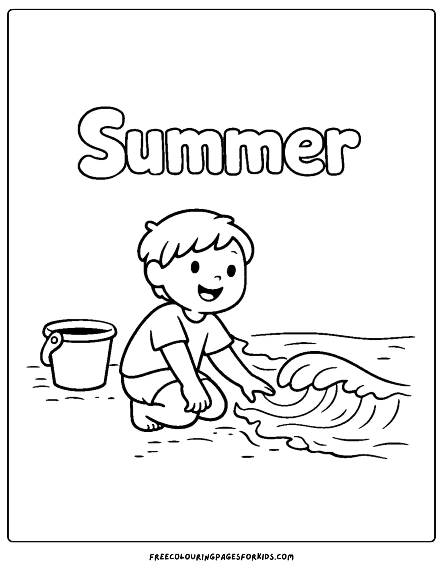 a season coloring page showing a summer scene of a child at the beach with waves