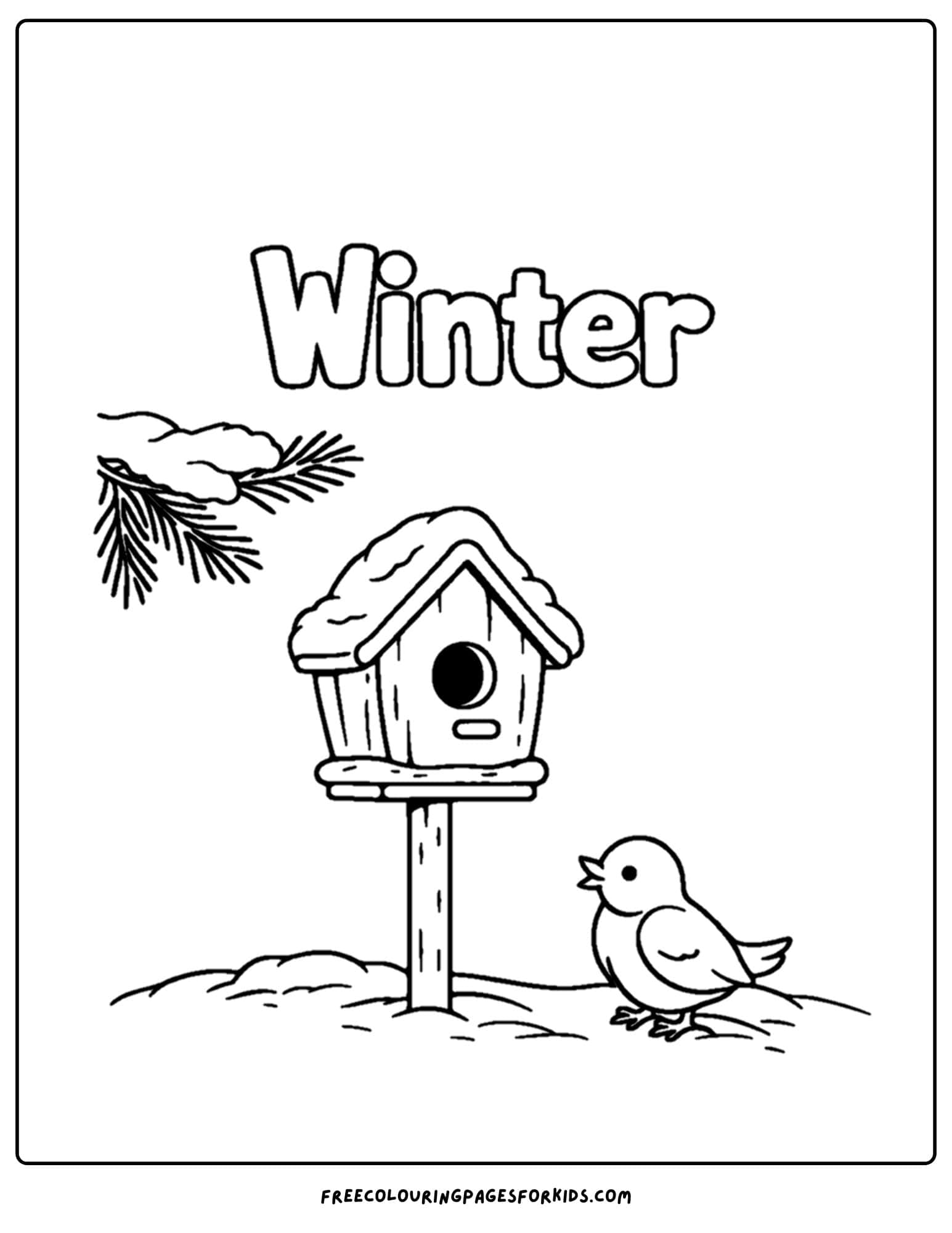 a season coloring page showing a winter scene of a bird and birdhouse