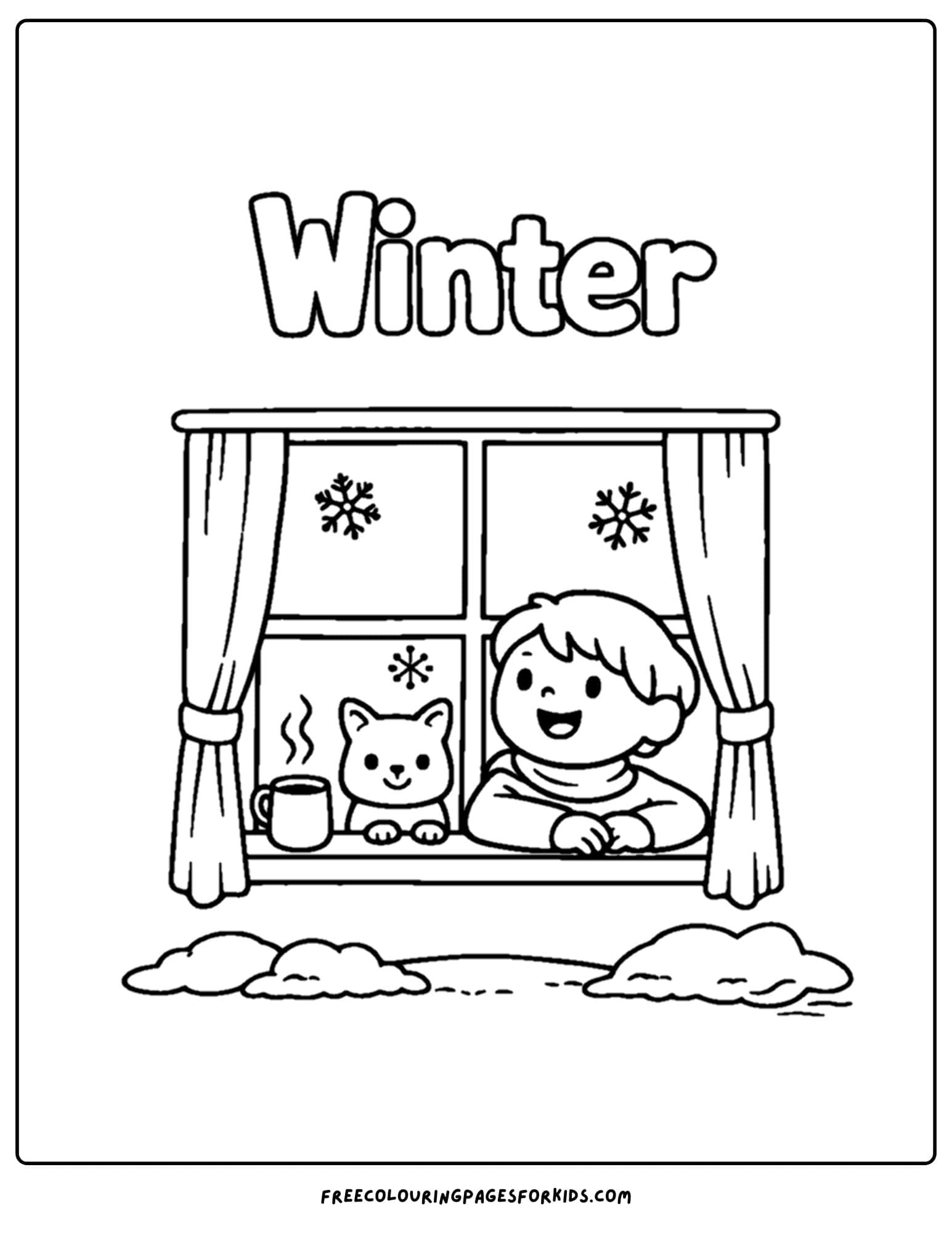 a season coloring page showing a winter scene of a kid and cat looking out a window