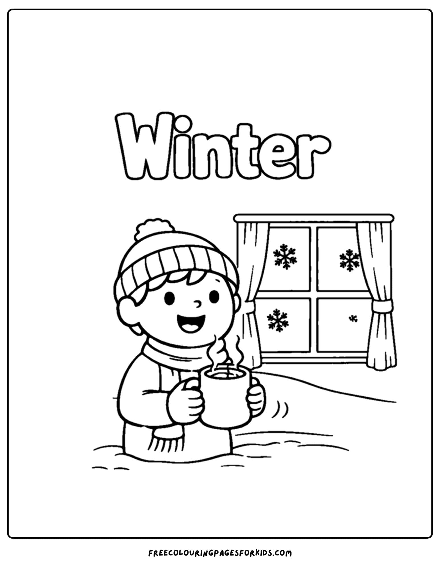 a season coloring page showing a winter scene of a child holding a cup of hot cocoa inside
