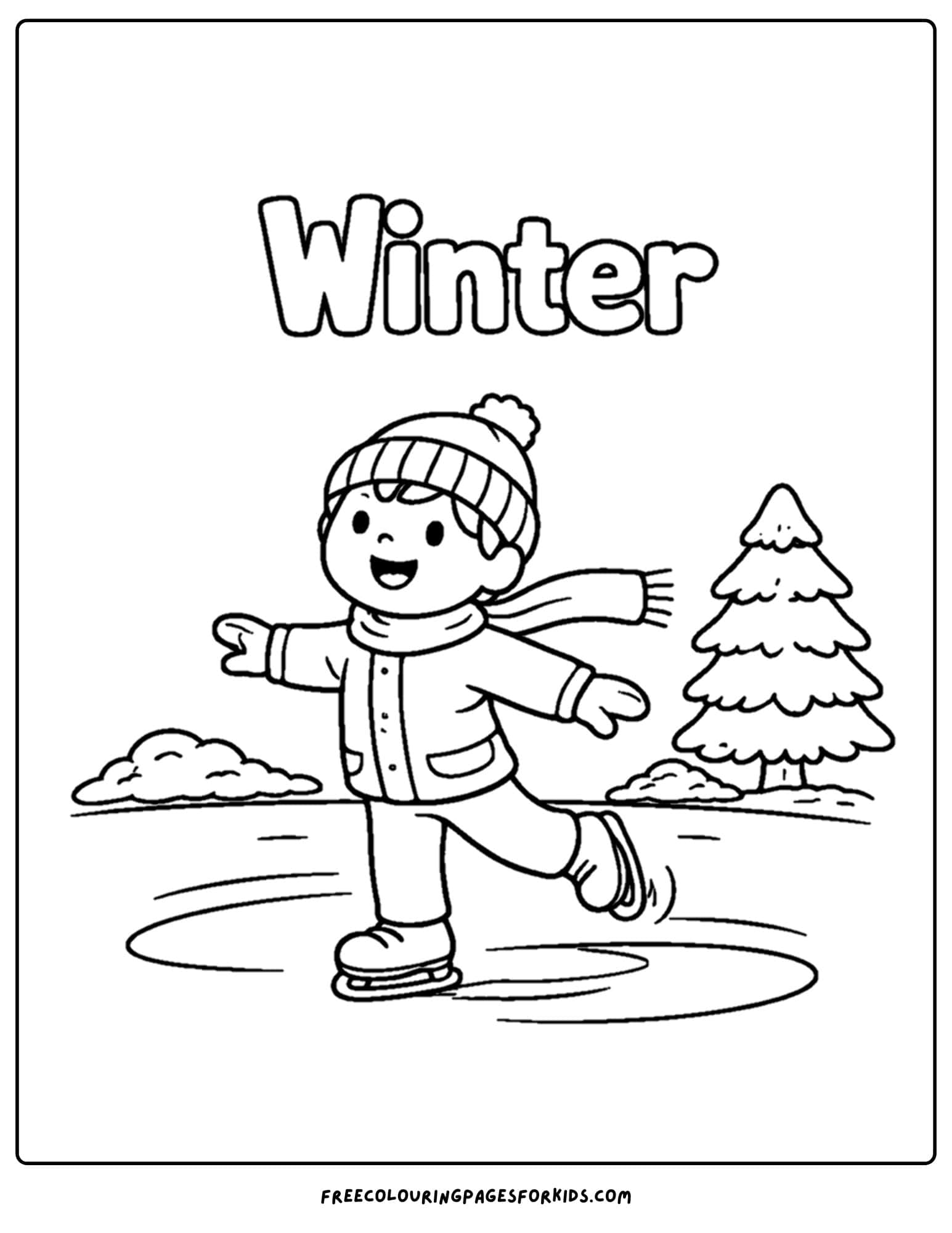 a season coloring page showing a winter ice skating scene