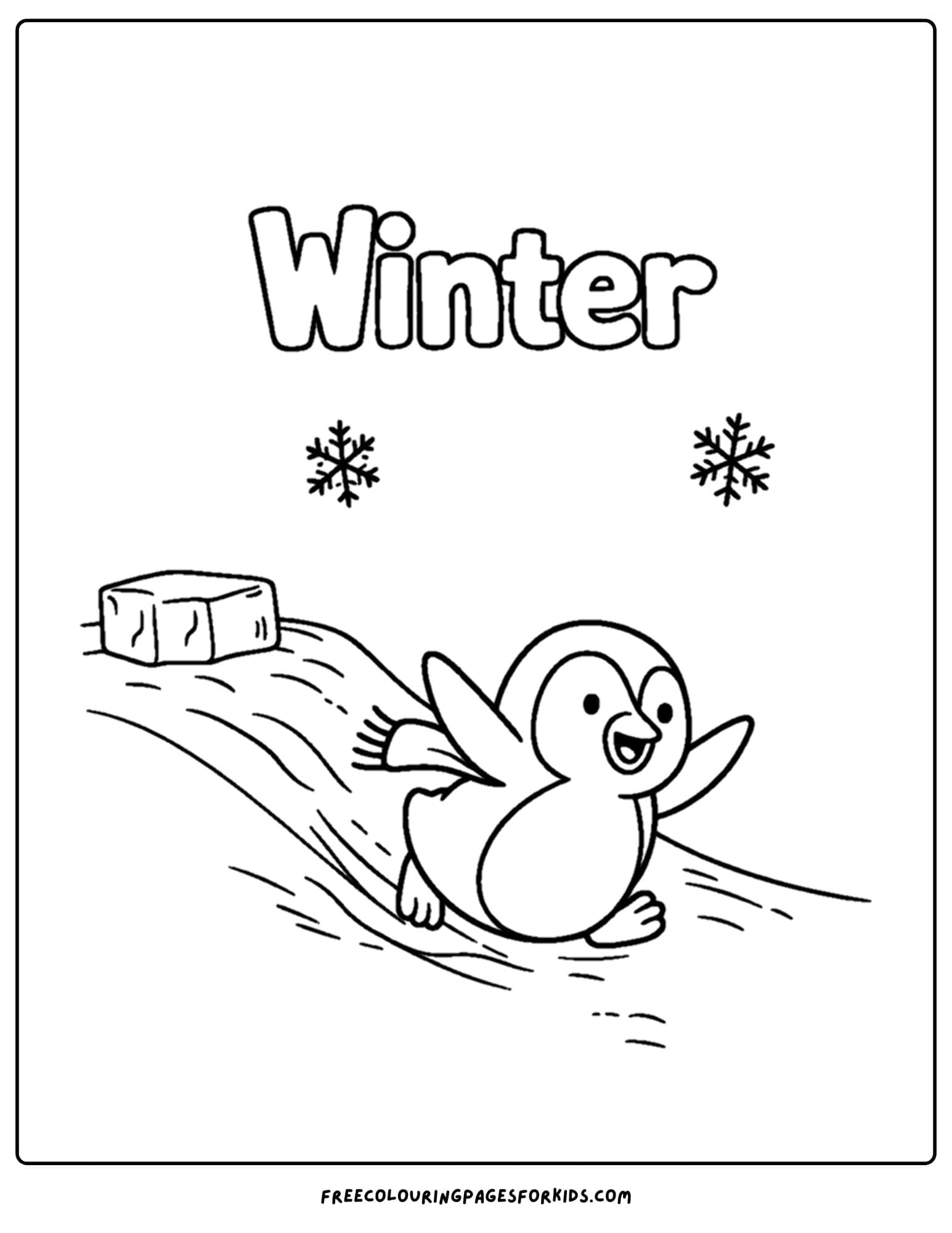 a season coloring page showing a winter design of a penguin sliding down the snow
