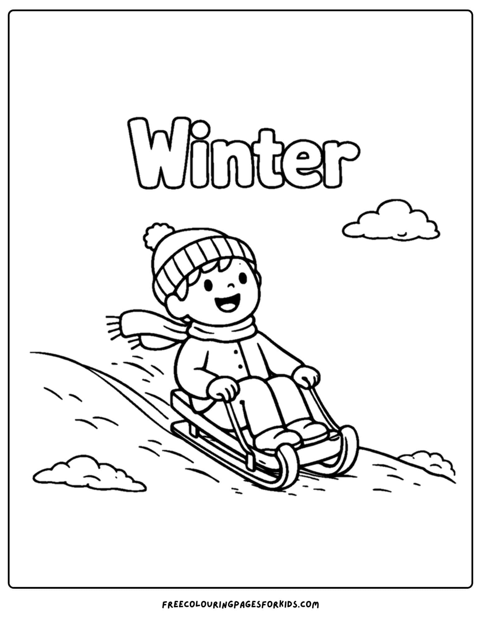 a season coloring page showing a winter sled ride