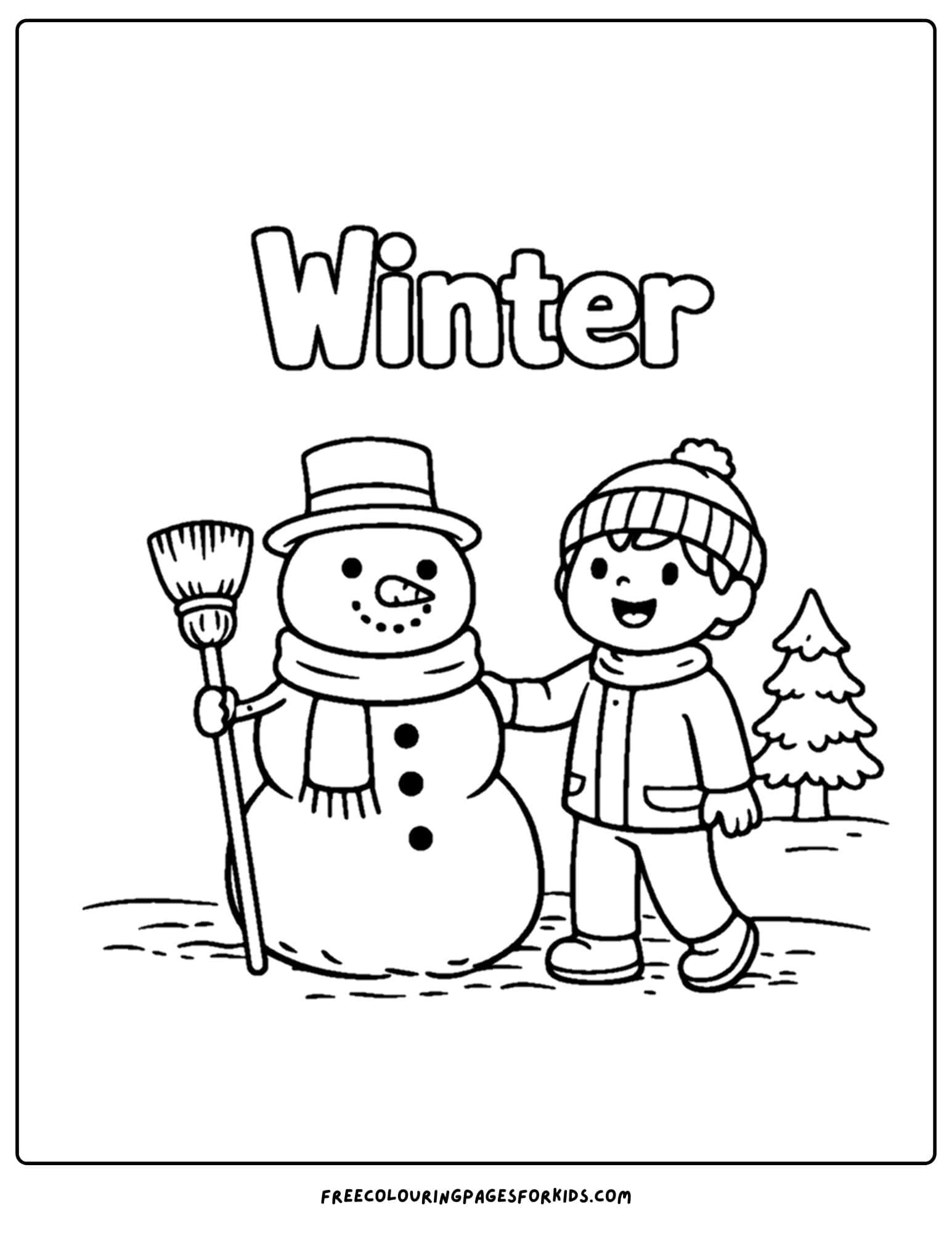 a season coloring page showing a winter scene of a child having built a snowman