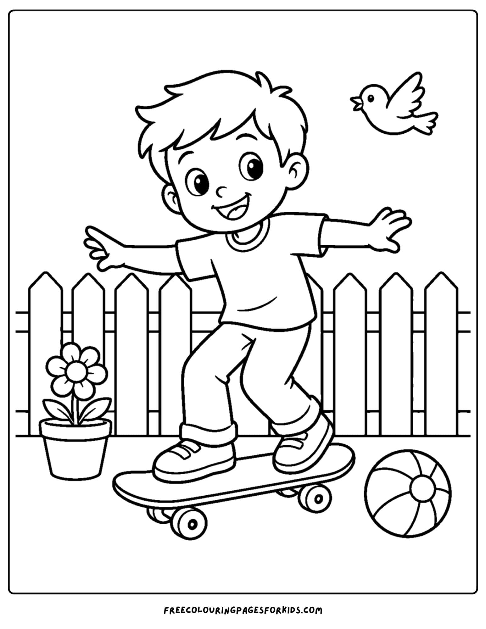 a coloring page of a child riding a skateboard in the backyard