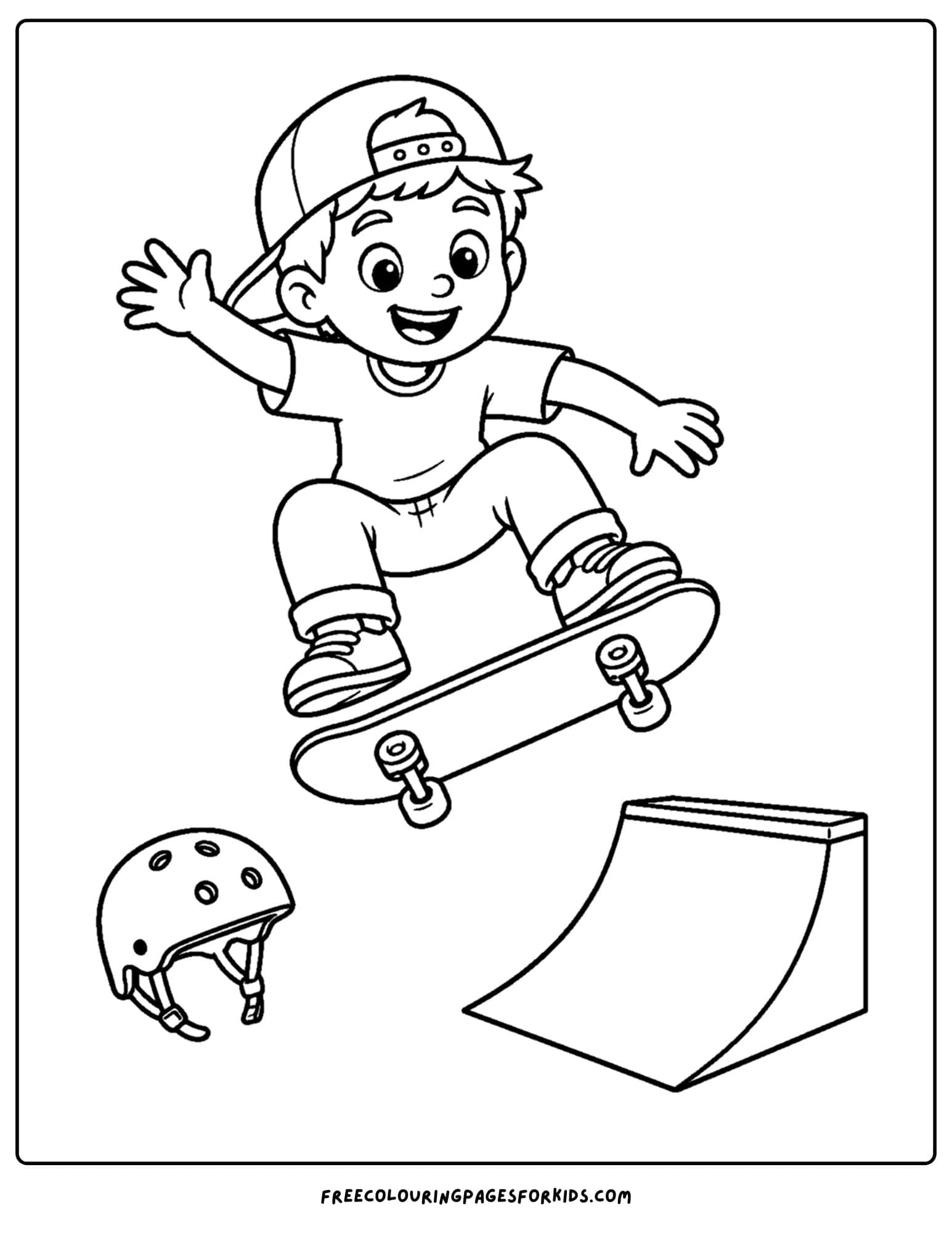 a coloring page of a child riding a skateboard doing a bunny hop