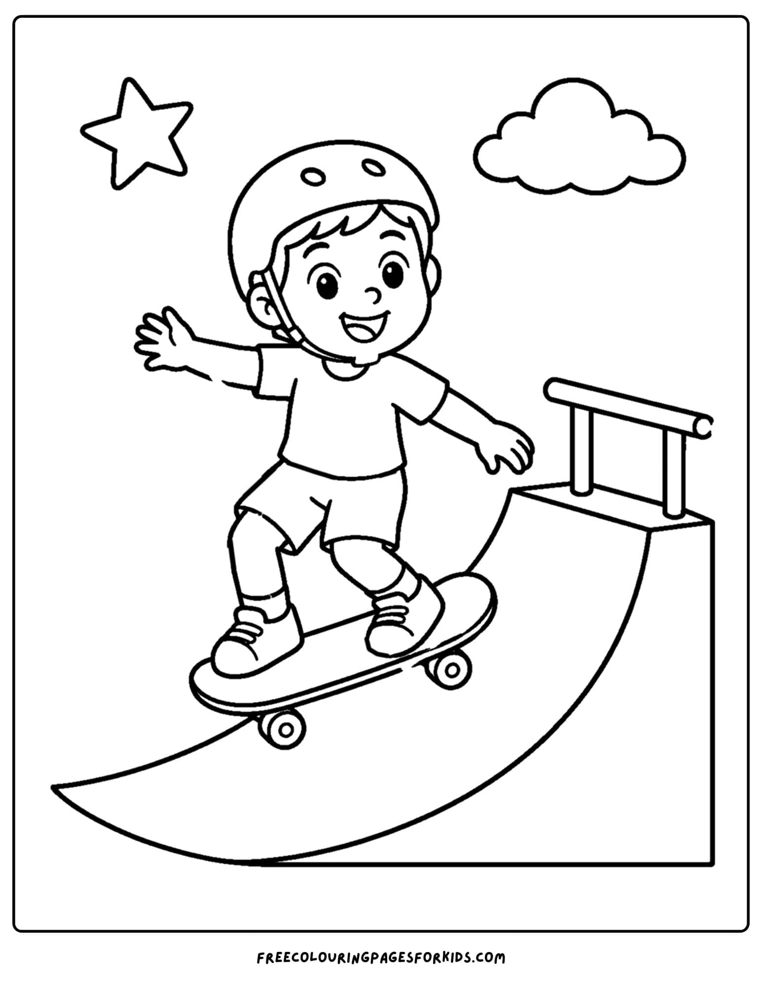 a coloring page of a child riding a skateboard on a ramp