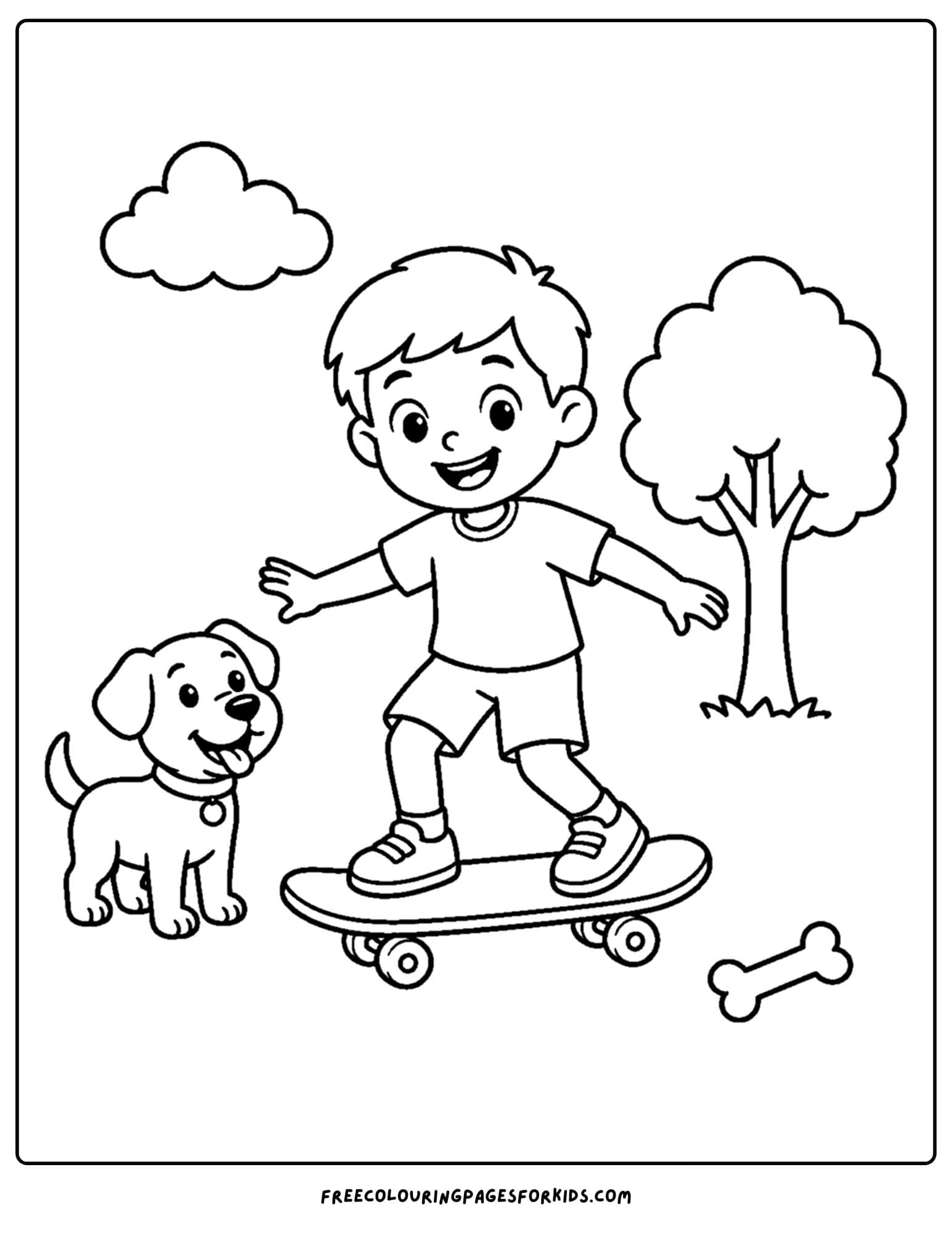 a coloring page of a child riding a skateboard with their dog