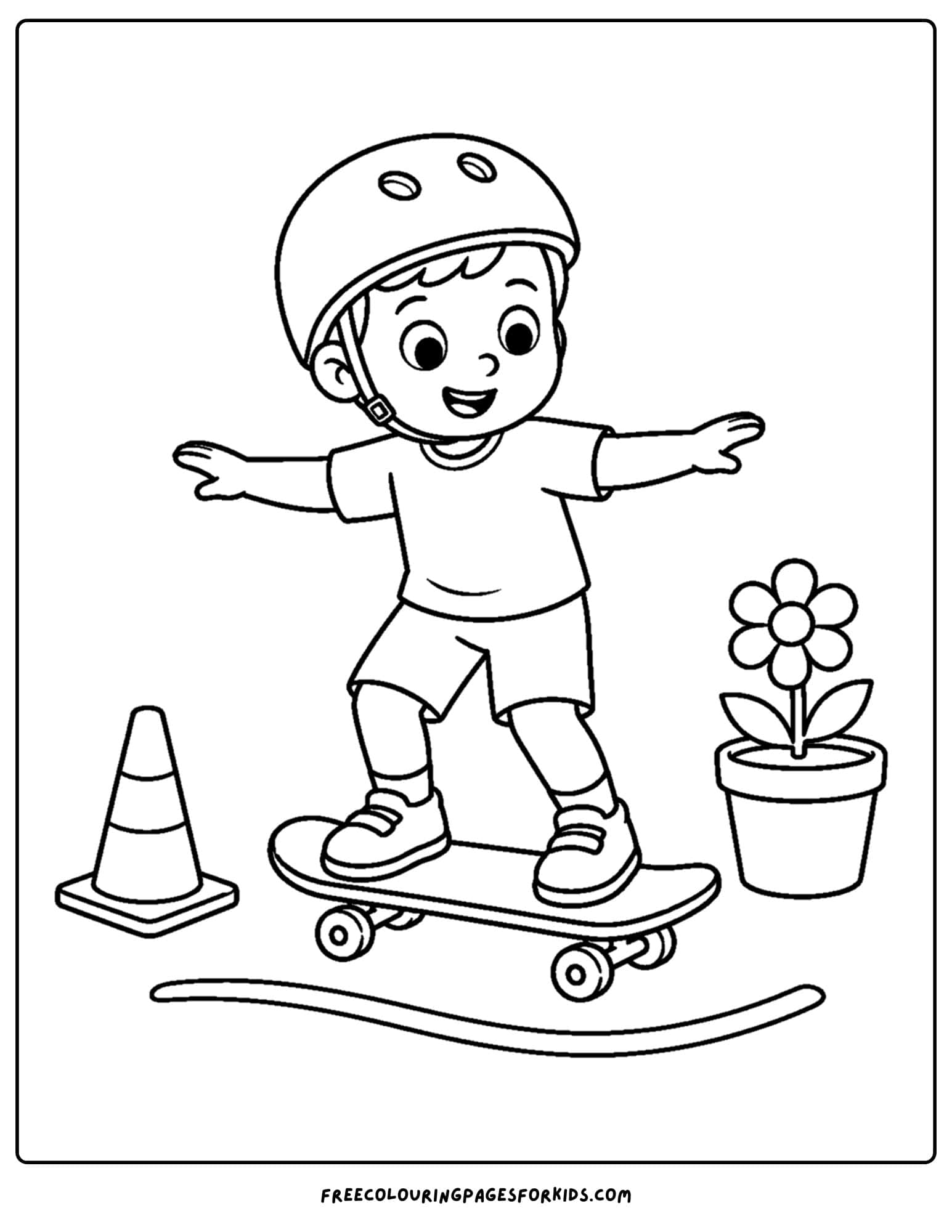 a coloring page of a child riding a skateboard and trying to balance on it