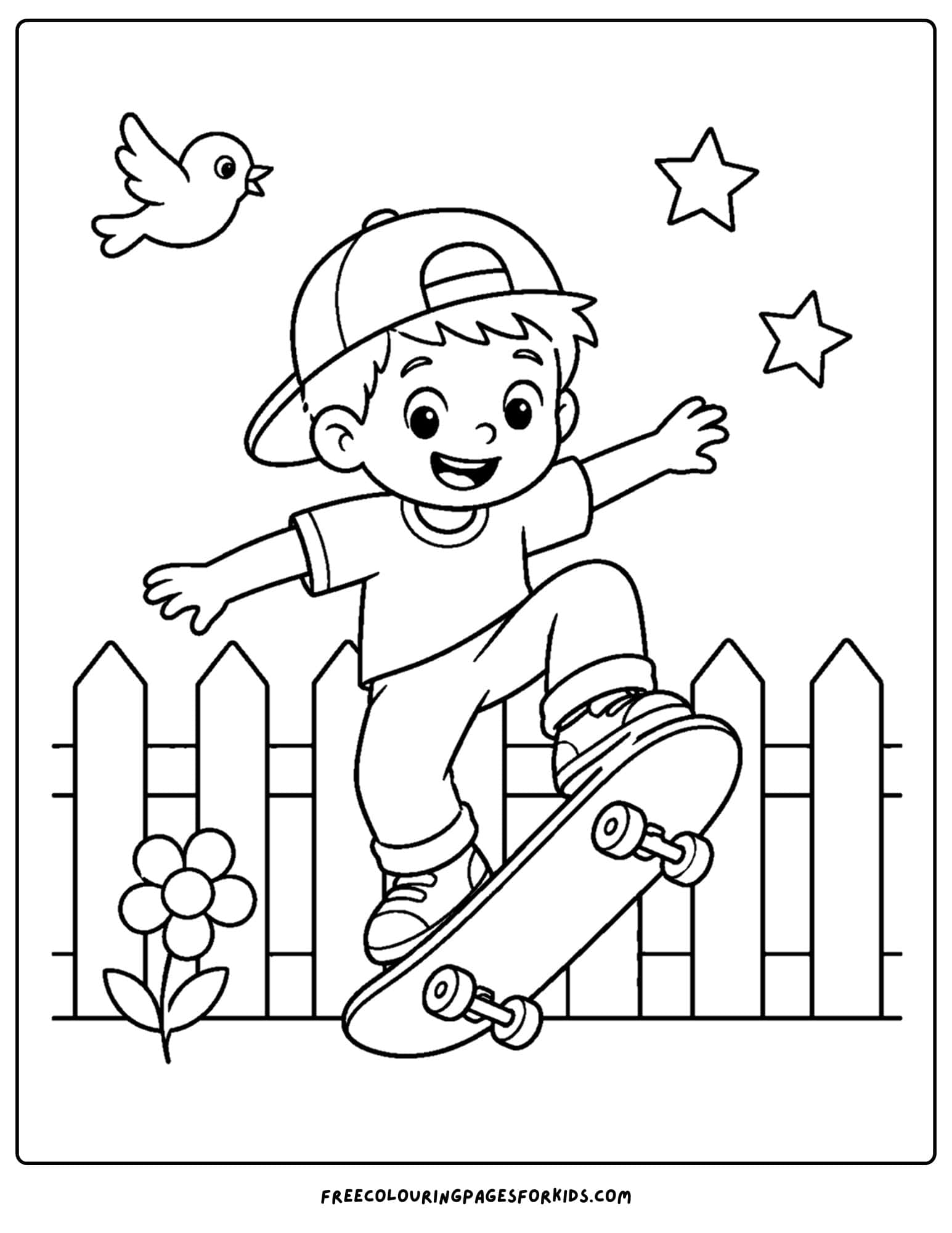 a coloring page of a child riding a skateboard doing a pop trick