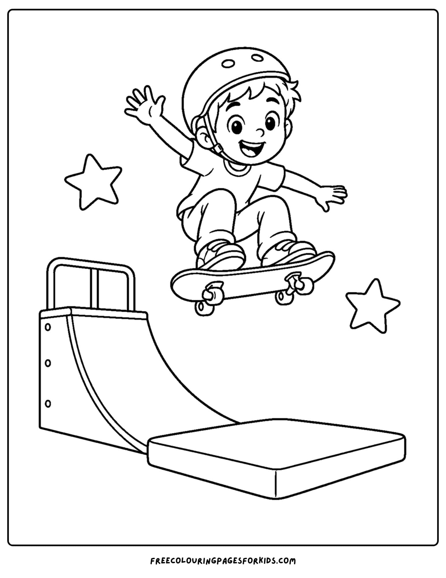 a coloring page of a child riding a skateboard over a big ramp