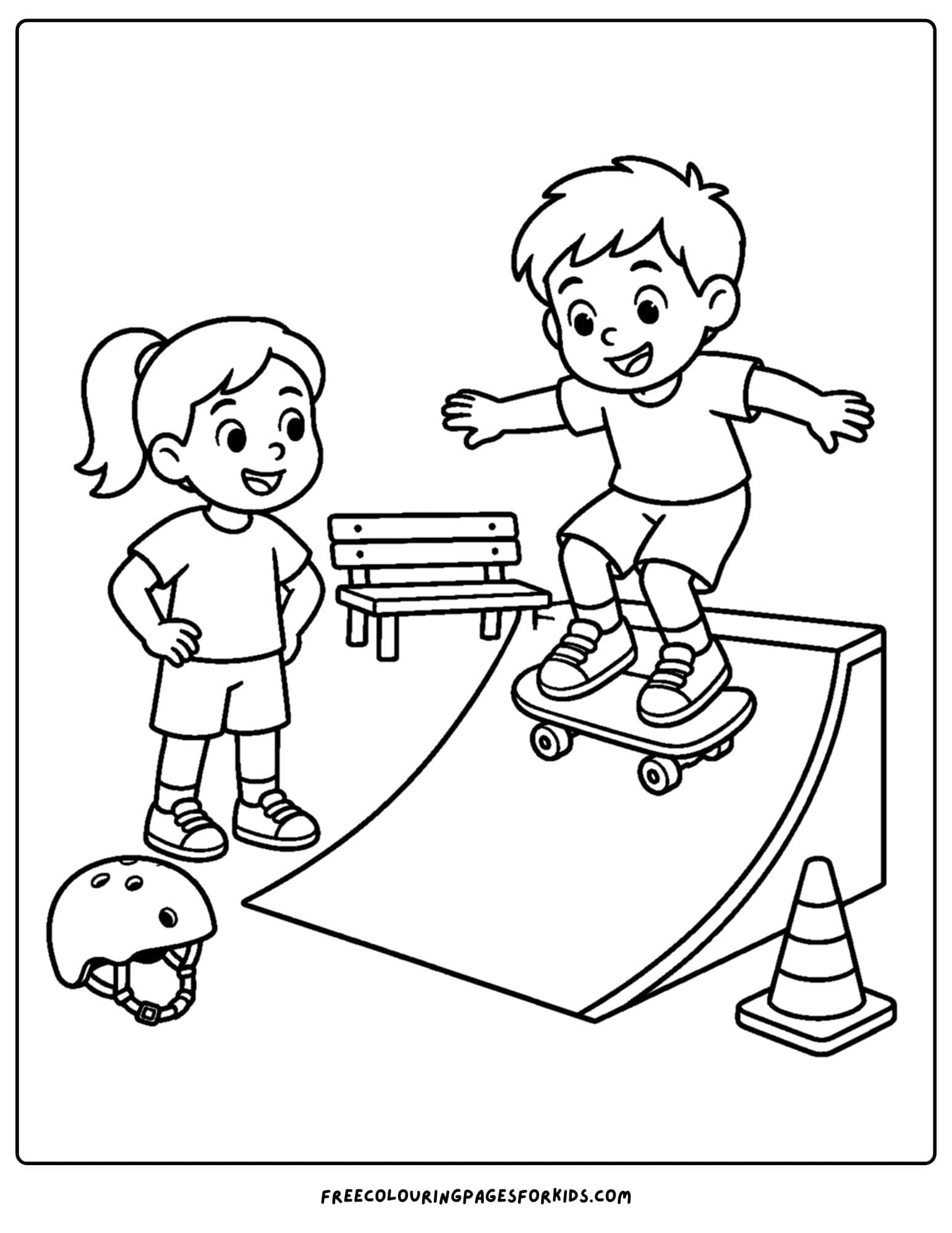 a coloring page of a child riding a skateboard and taking turns with a friend