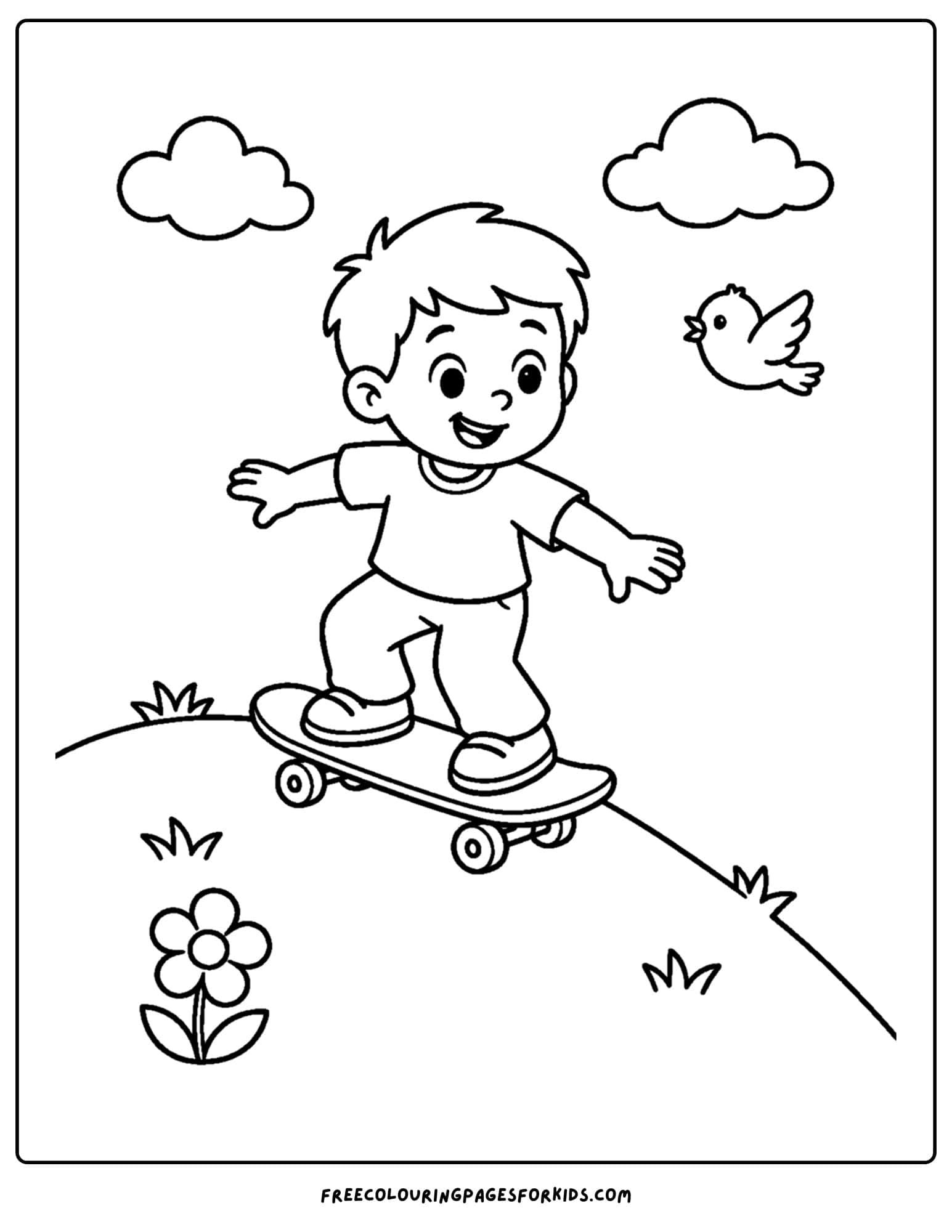 a coloring page of a child riding a skateboard down a hill