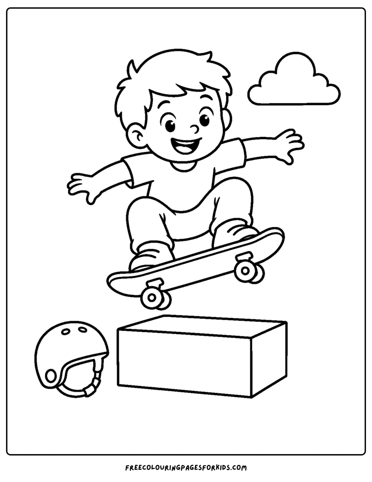 a coloring page of a child riding a skateboard and doing a jump over a box