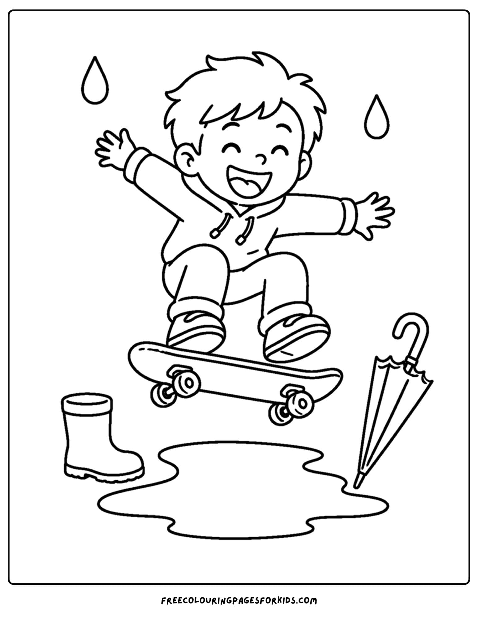 a coloring page of a child riding a skateboard doing a jump over a puddle