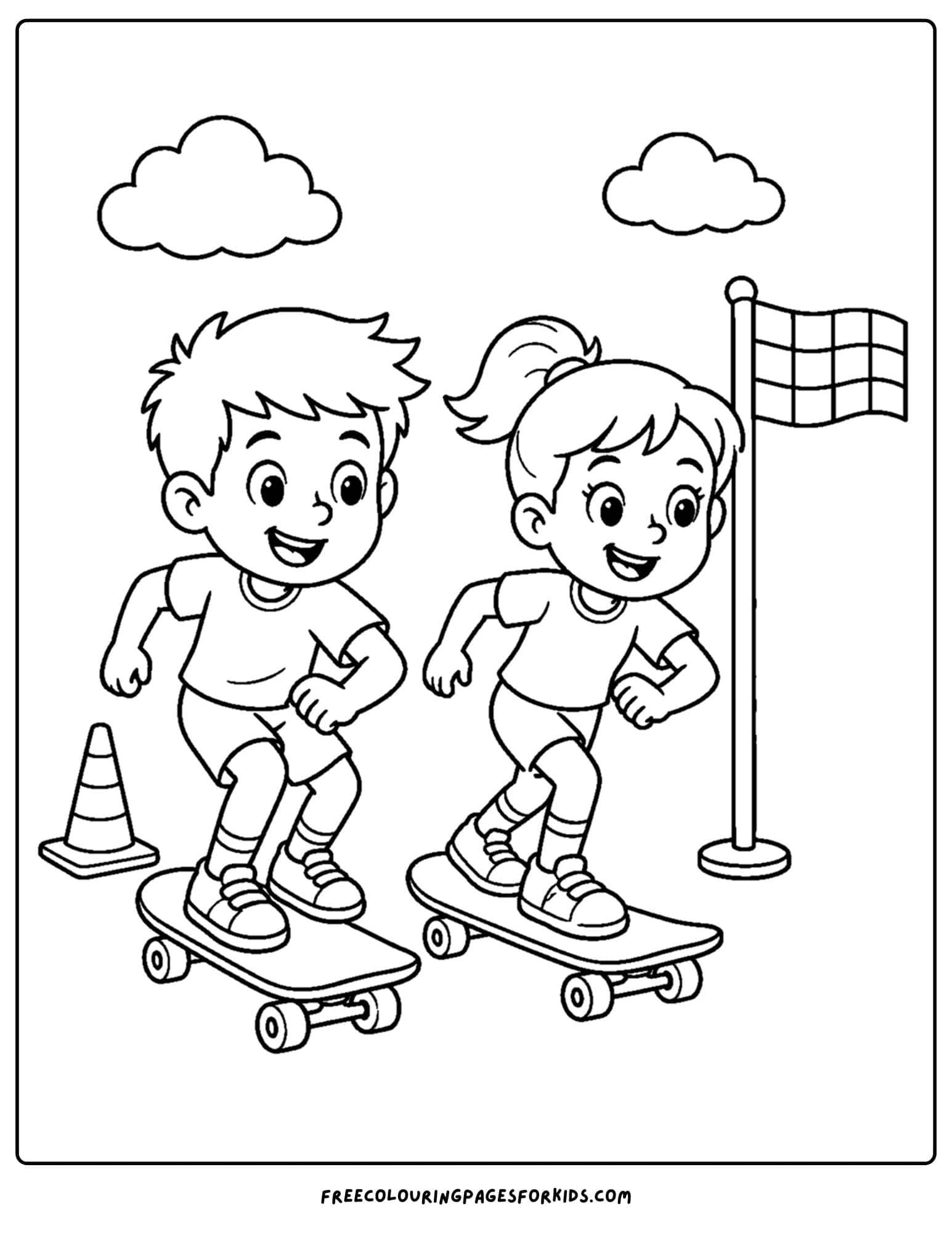 a coloring page of a child riding a skateboard in a race with a friend