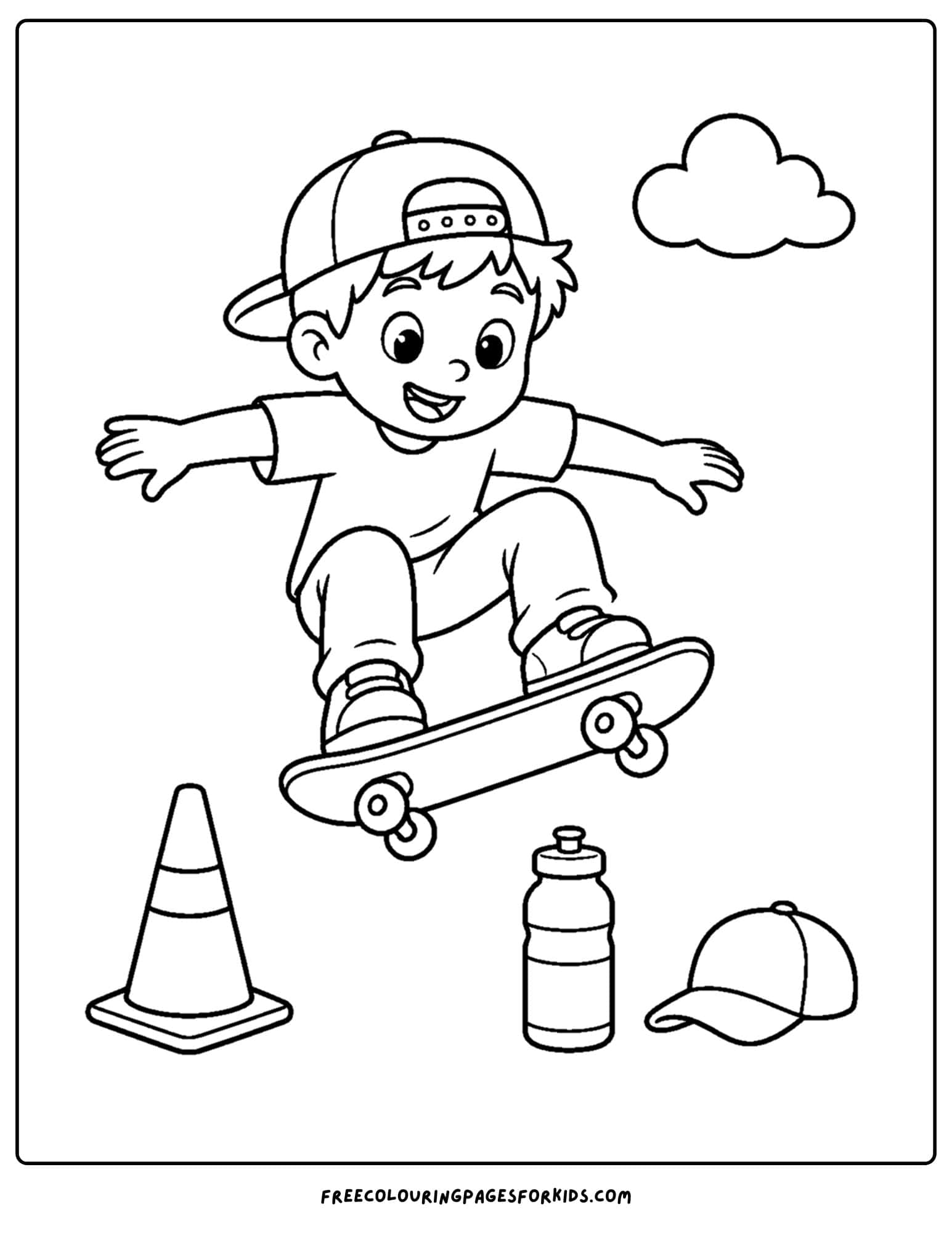 a coloring page of a child riding a skateboard doing an ollie