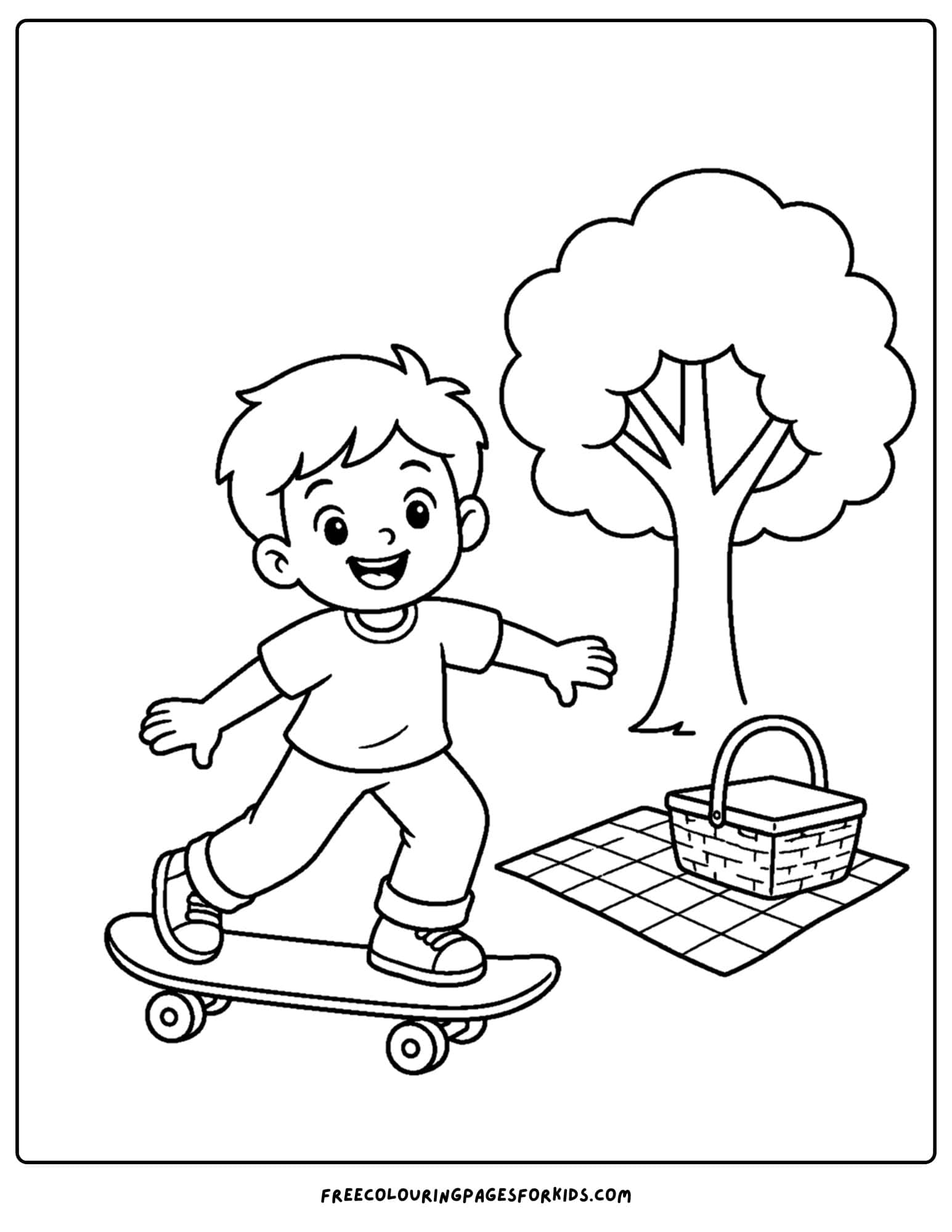 a coloring page of a child riding a skateboard and having a picnic at a park
