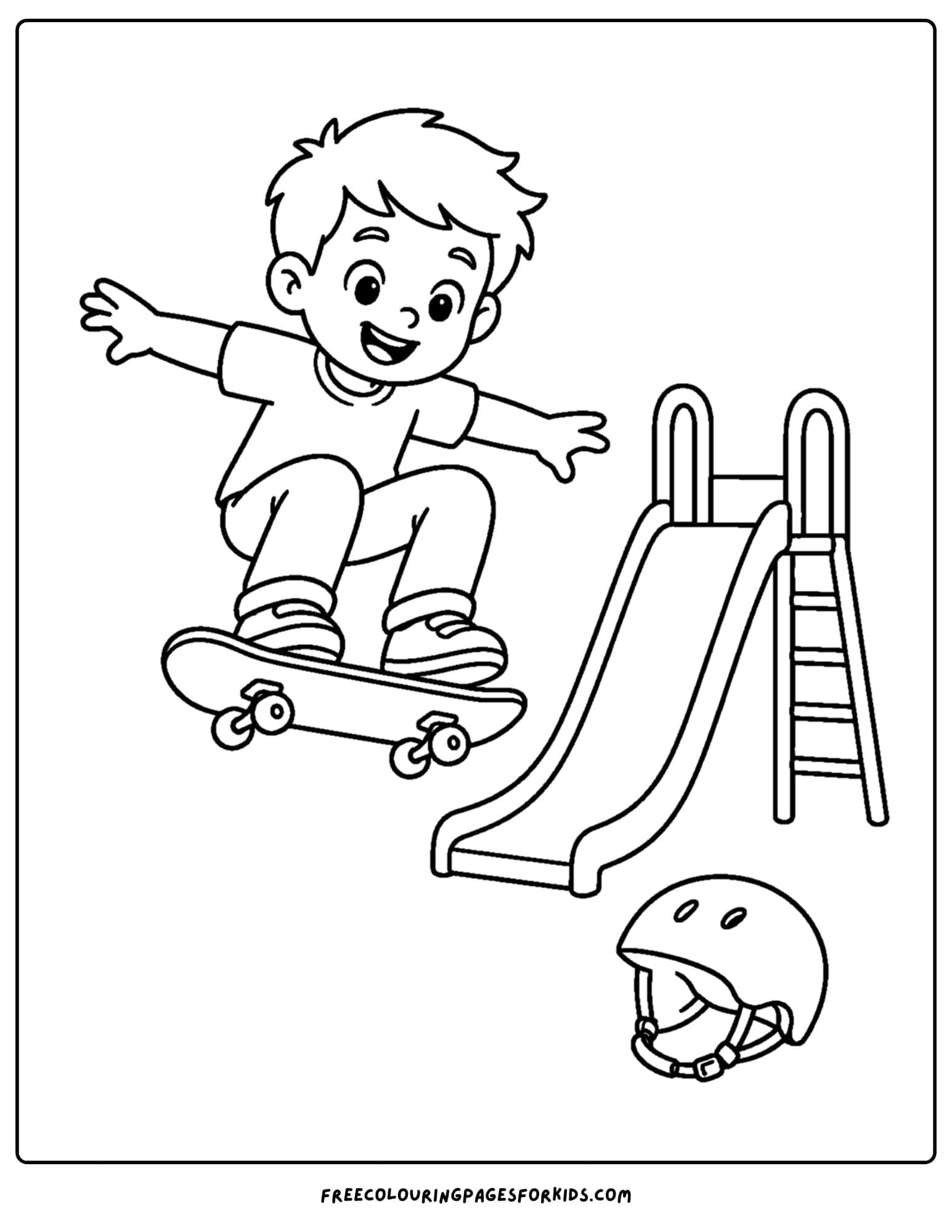 a coloring page of a child riding a skateboard and doing a jump at a playground