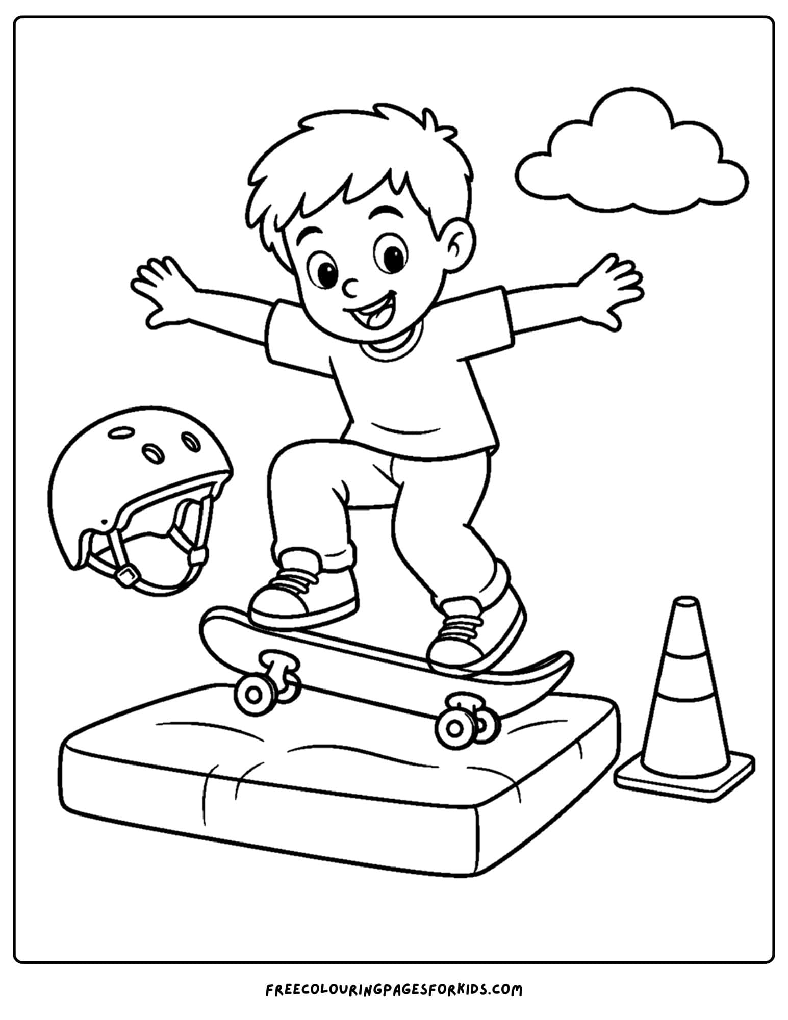 a coloring page of a child riding a skateboard and landing a trick