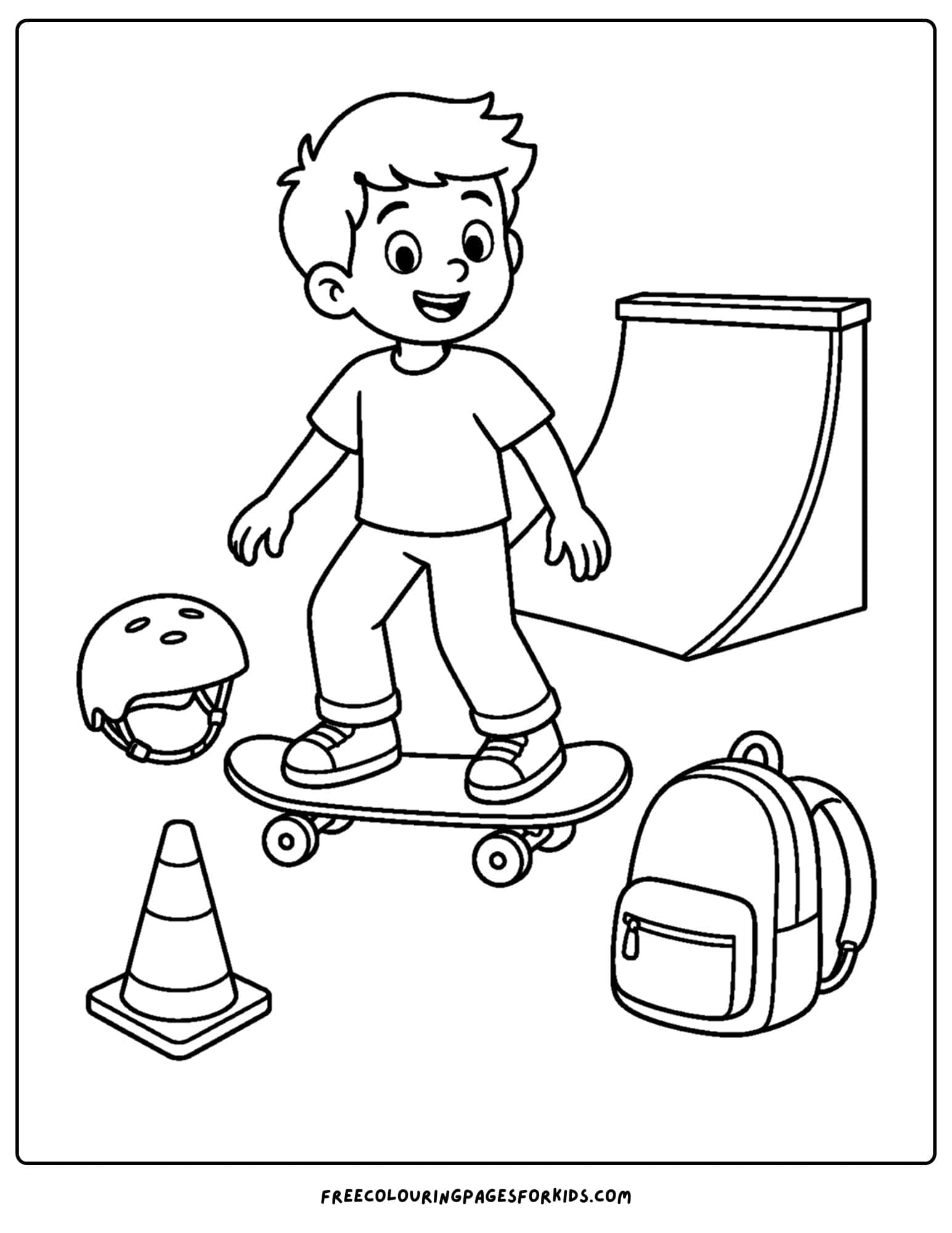 a coloring page of a child riding a skateboard surrounded by a ramp and a bag