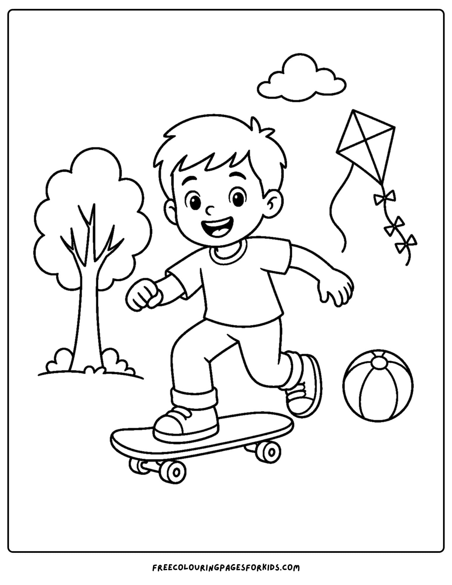 a coloring page of a child riding a skateboard past a park