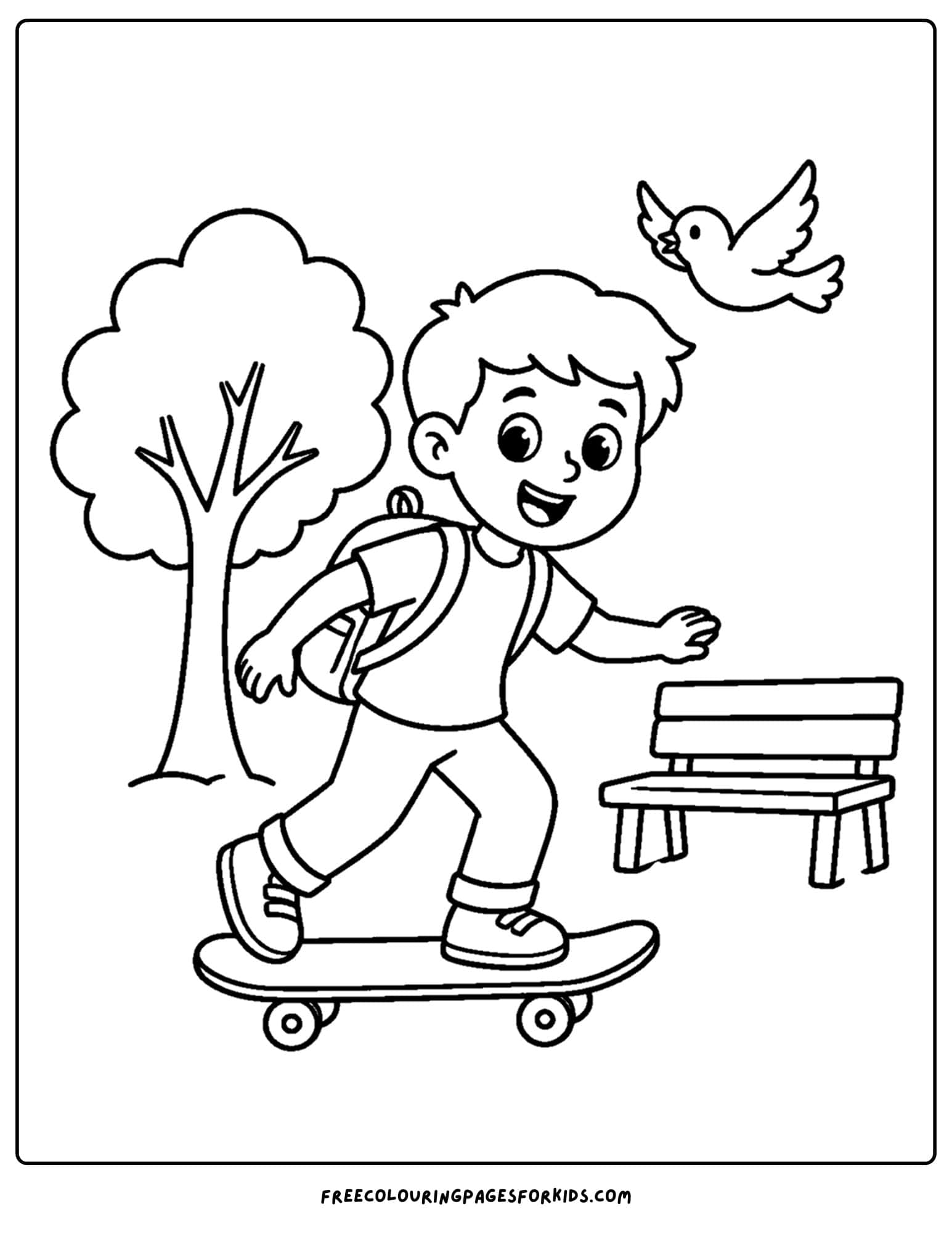 a coloring page of a child riding a skateboard for a cruise