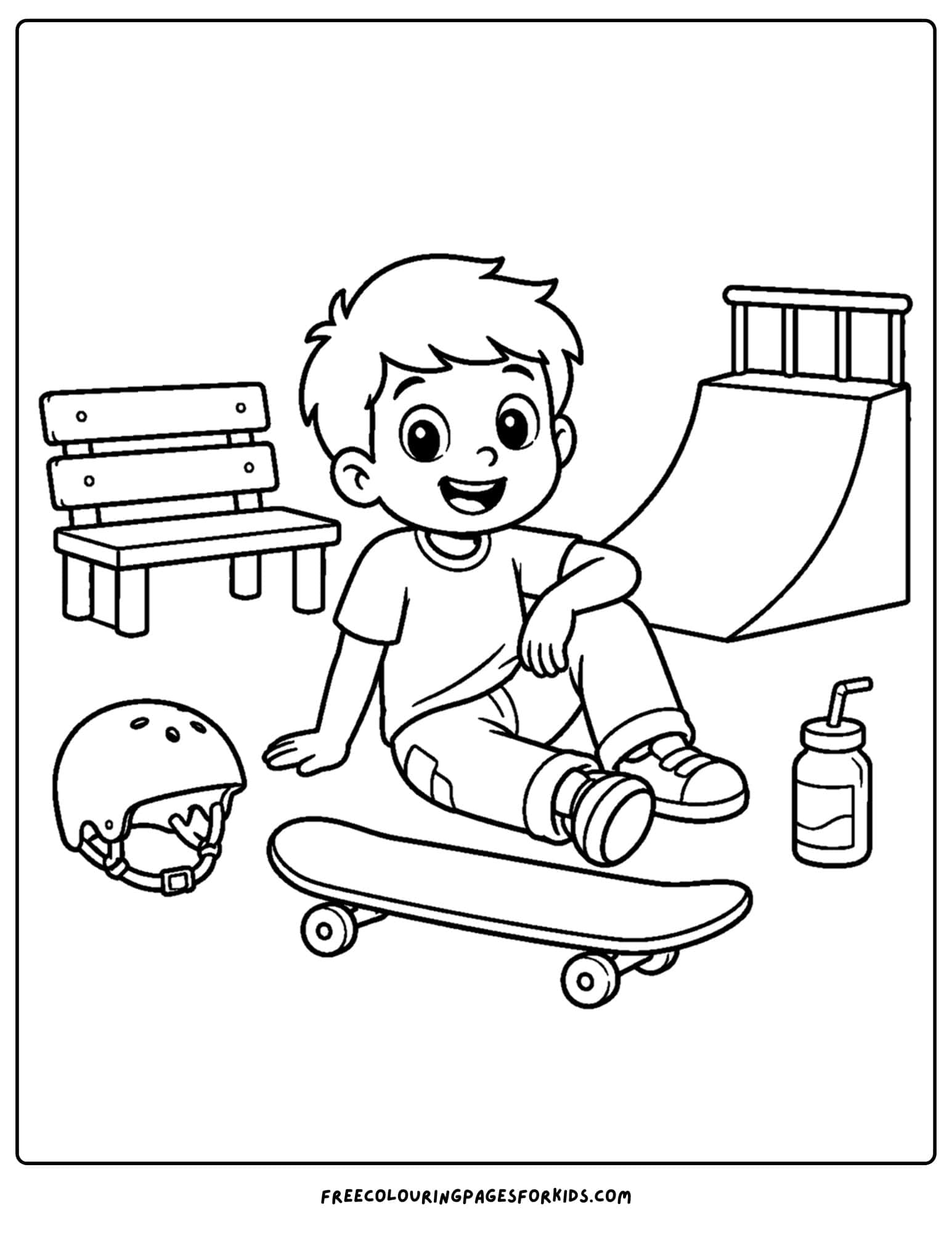 a coloring page of a child taking a rest from riding their skateboard