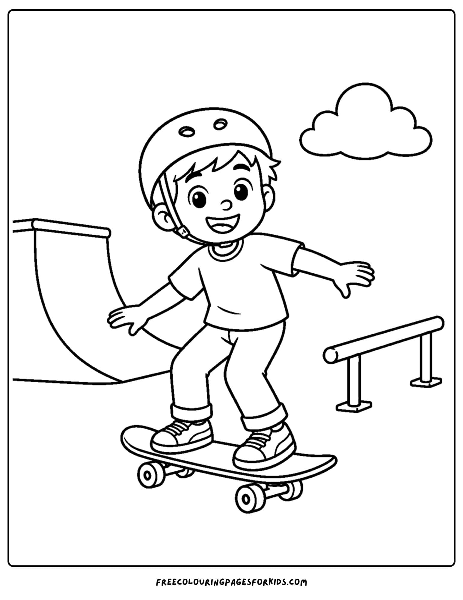 a coloring page of a child riding a skateboard at the skate park