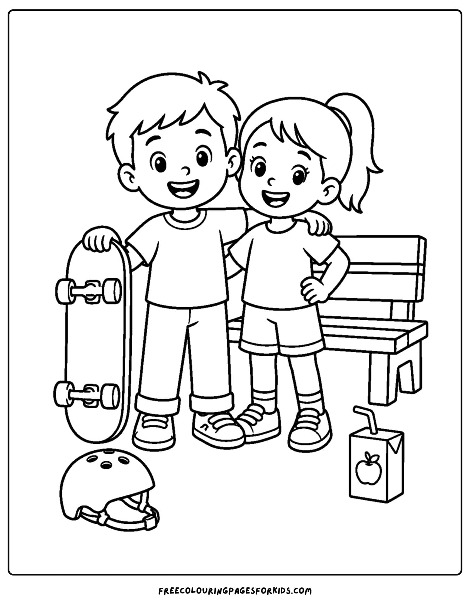 a coloring page of a child and a friend with their skateboard