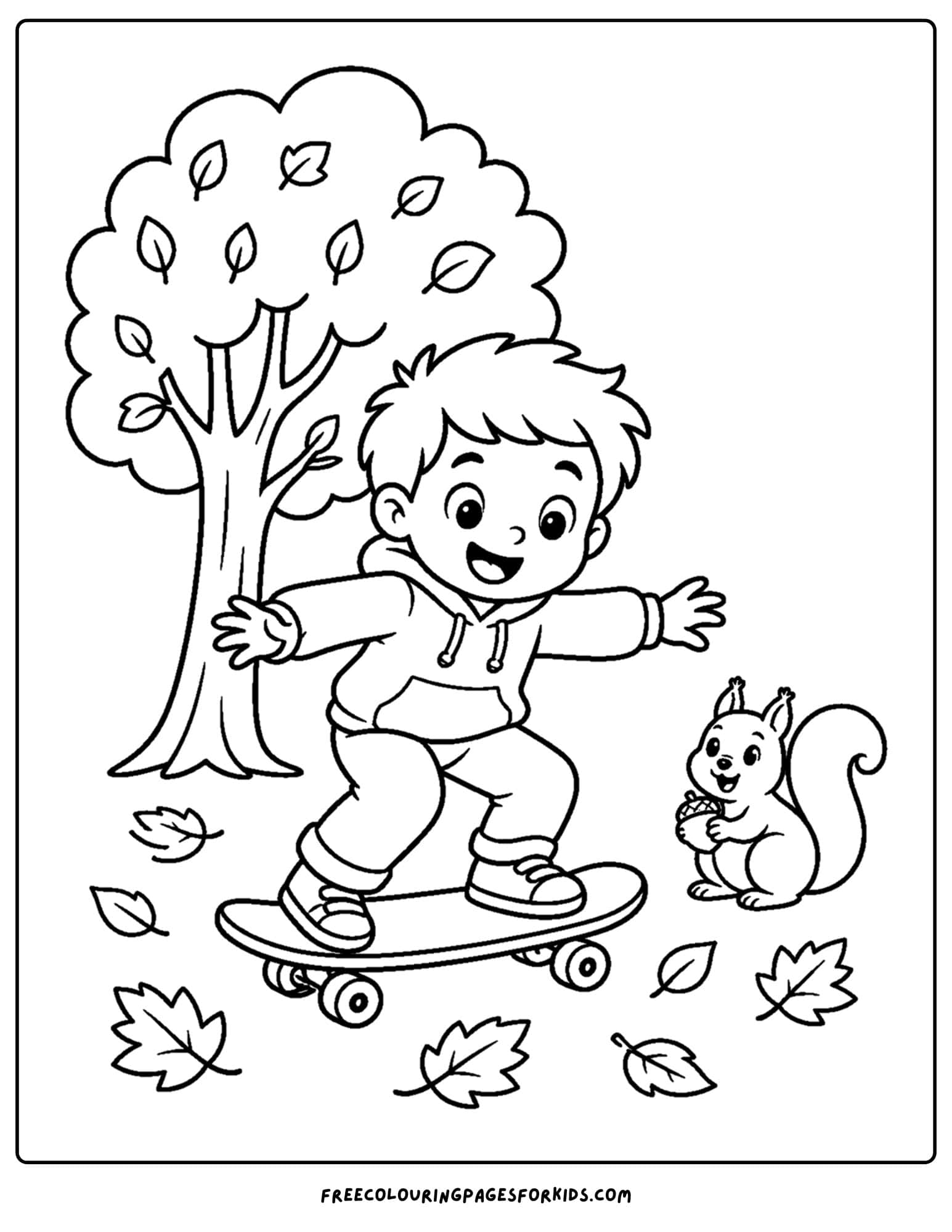 a coloring page of a child riding a skateboard over leaves