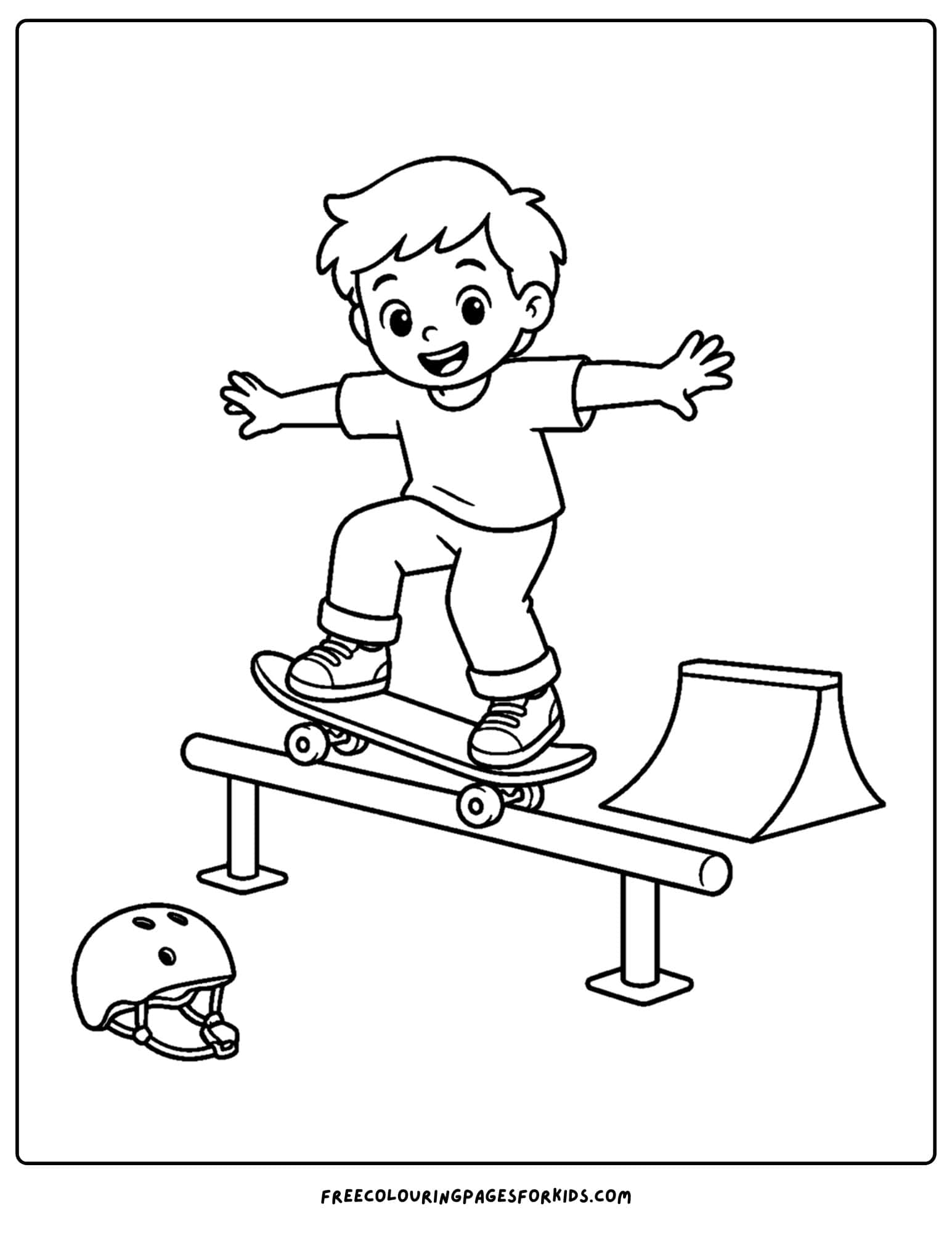 a coloring page of a child riding a skateboard along a rail