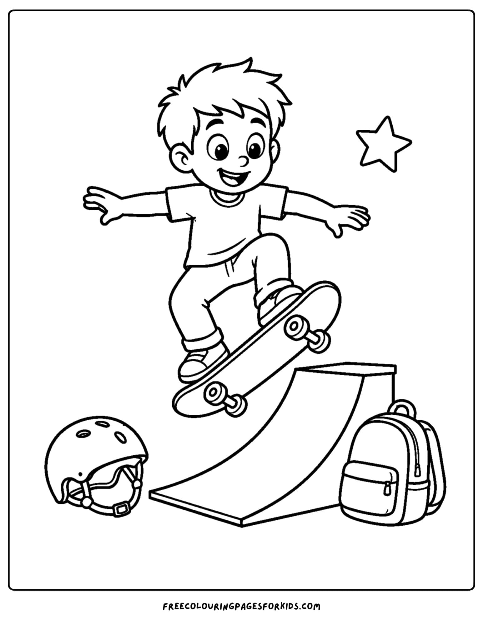 a coloring page of a child riding a skateboard over a ramp
