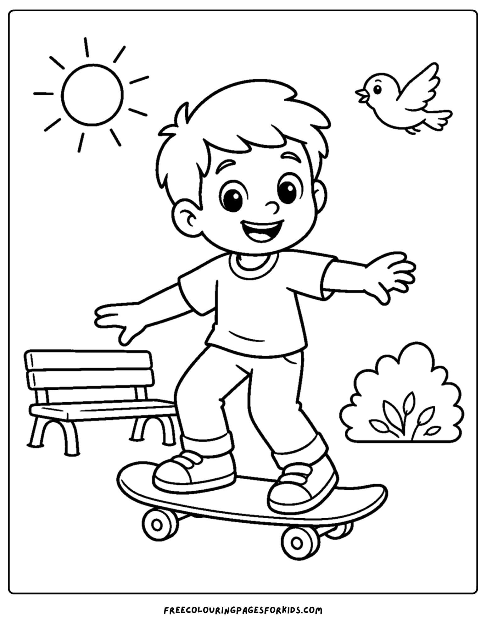 a coloring page of a child riding a skateboard in a park