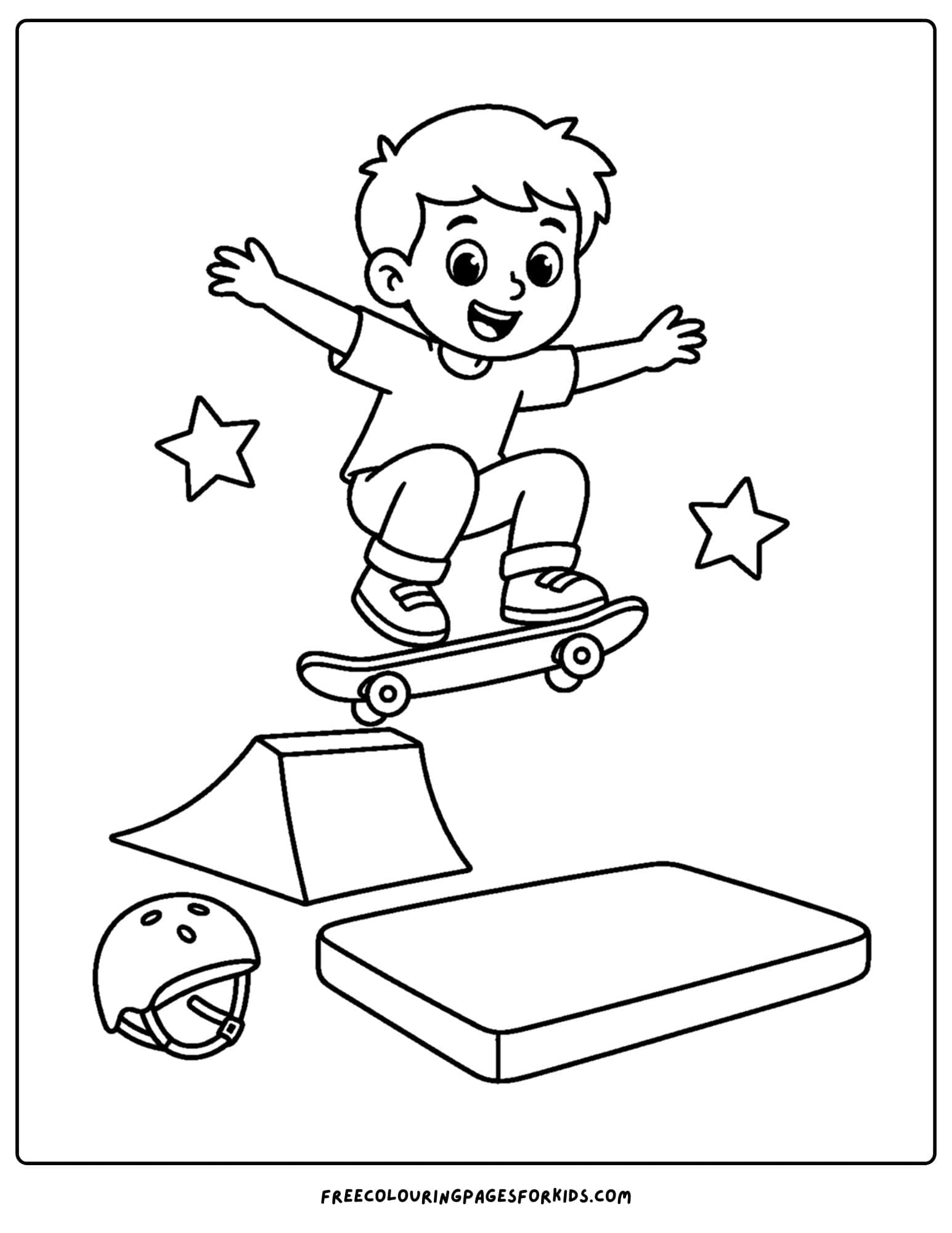 a coloring page of a child riding a skateboard over a ramp