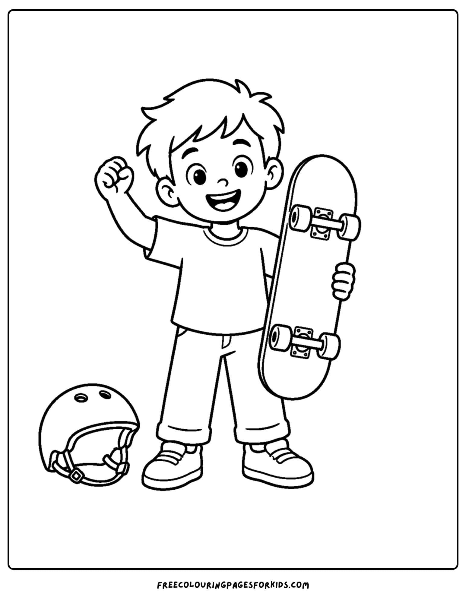 a coloring page of a child holding a skateboard