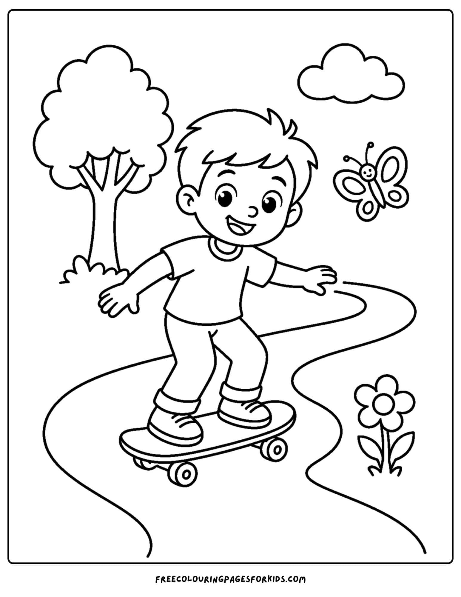 a coloring page of a child riding a skateboard riding on a wavy path