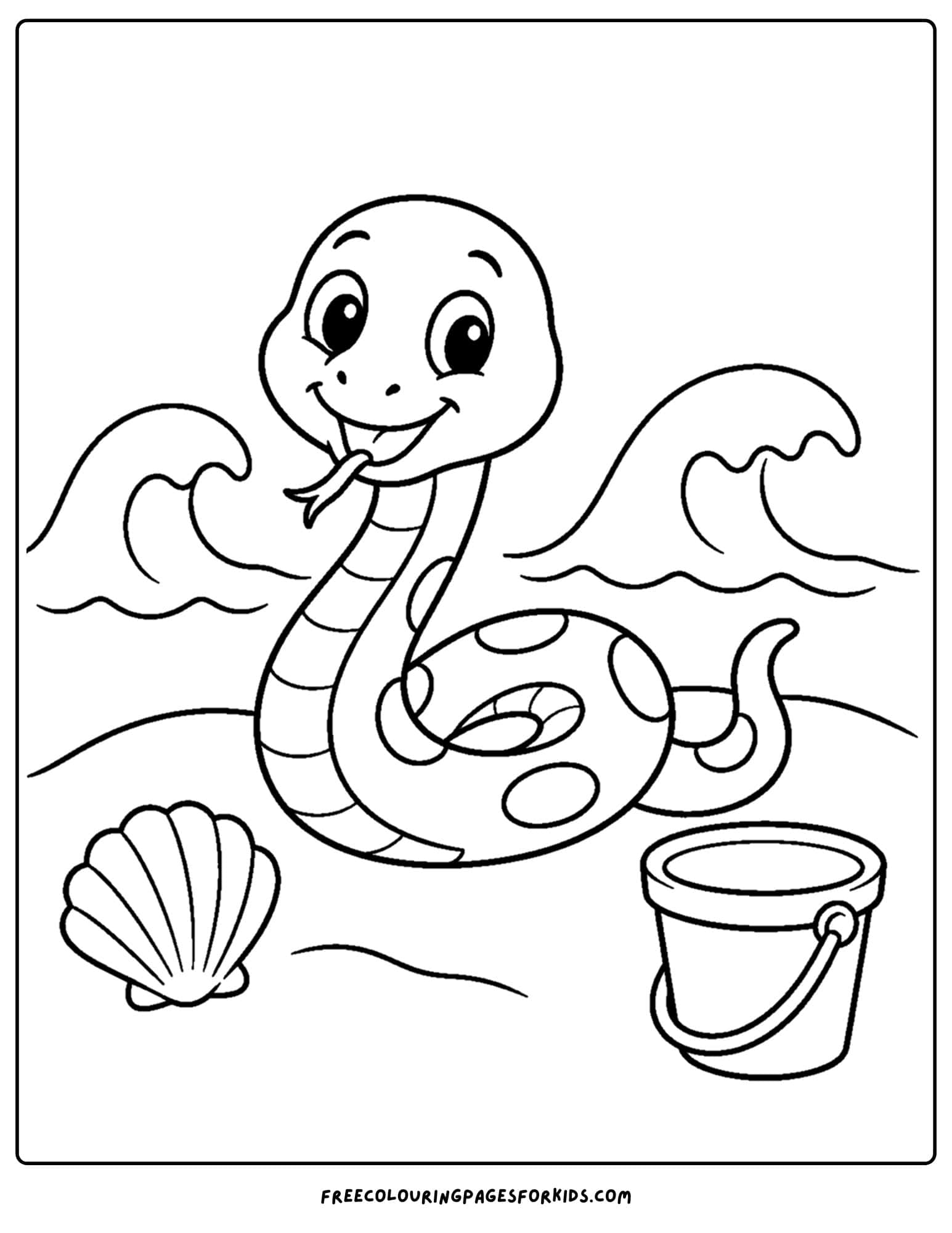 a coloring page of a snake on the sand at a beach