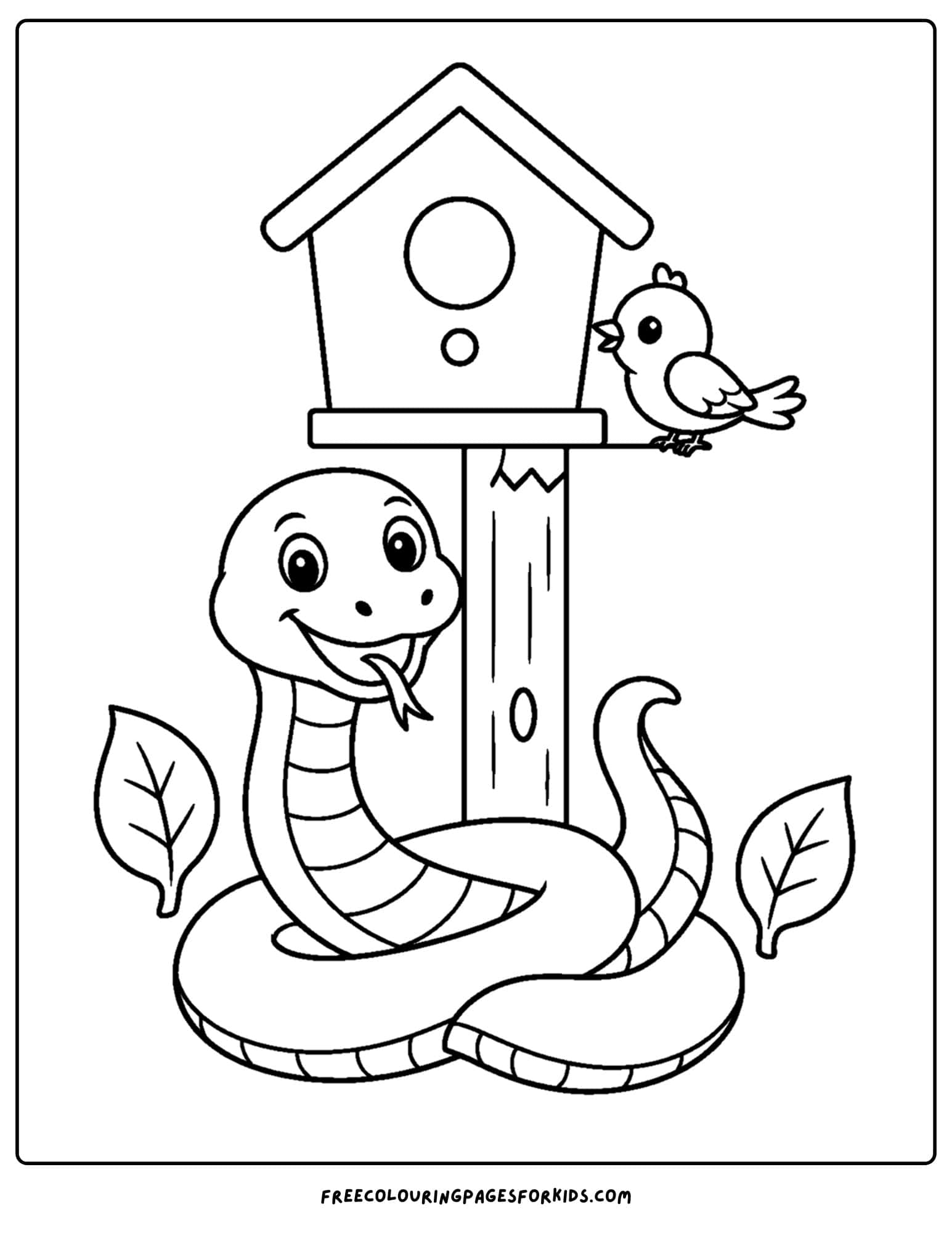 a coloring page of a snake below a birdhouse