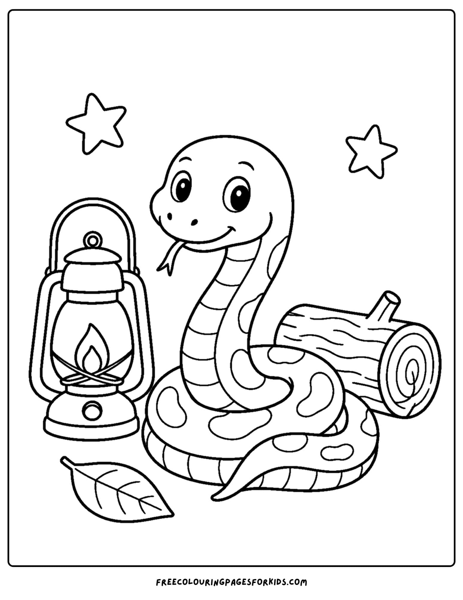 a coloring page of a snake beside a camping lantern