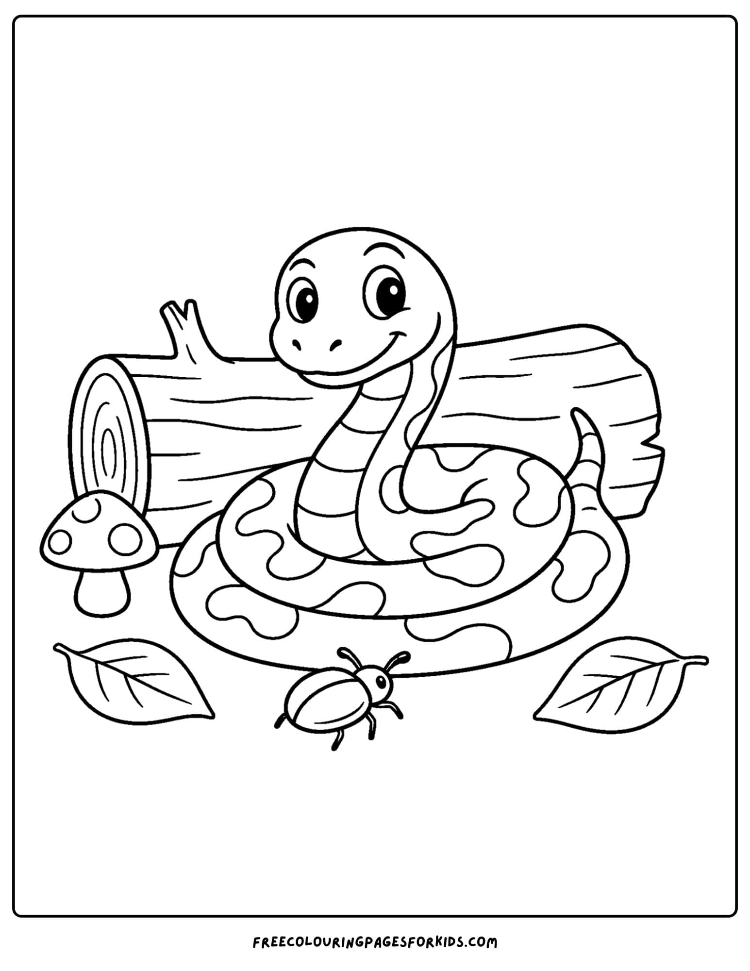a coloring page of a snake in front of a fallen log in the forest