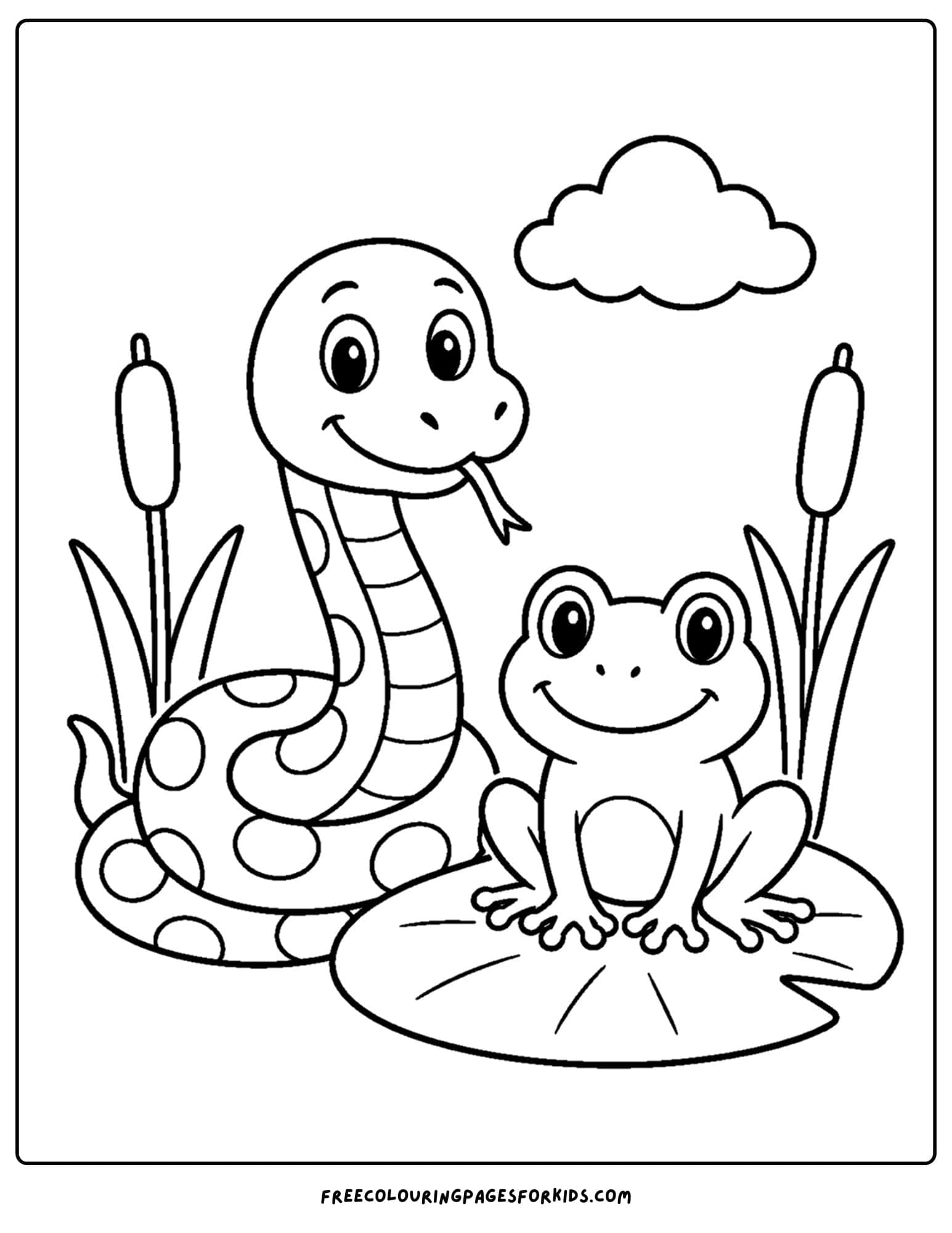 a coloring page of a snake with a friendly frog