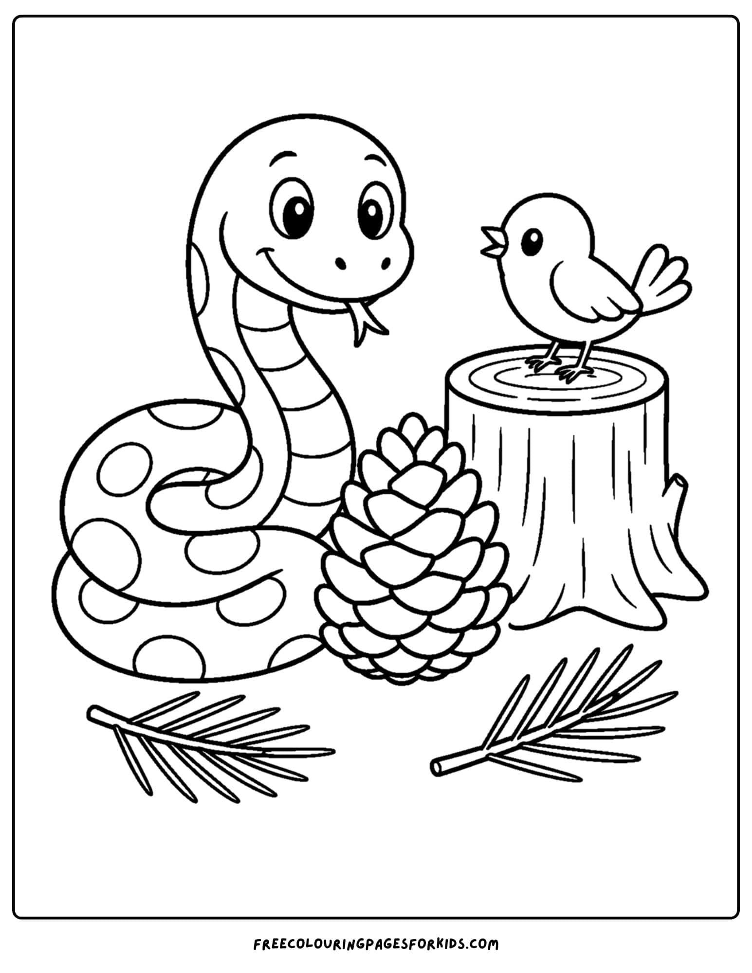 a coloring page of a snake beside a tree stump and pine cone