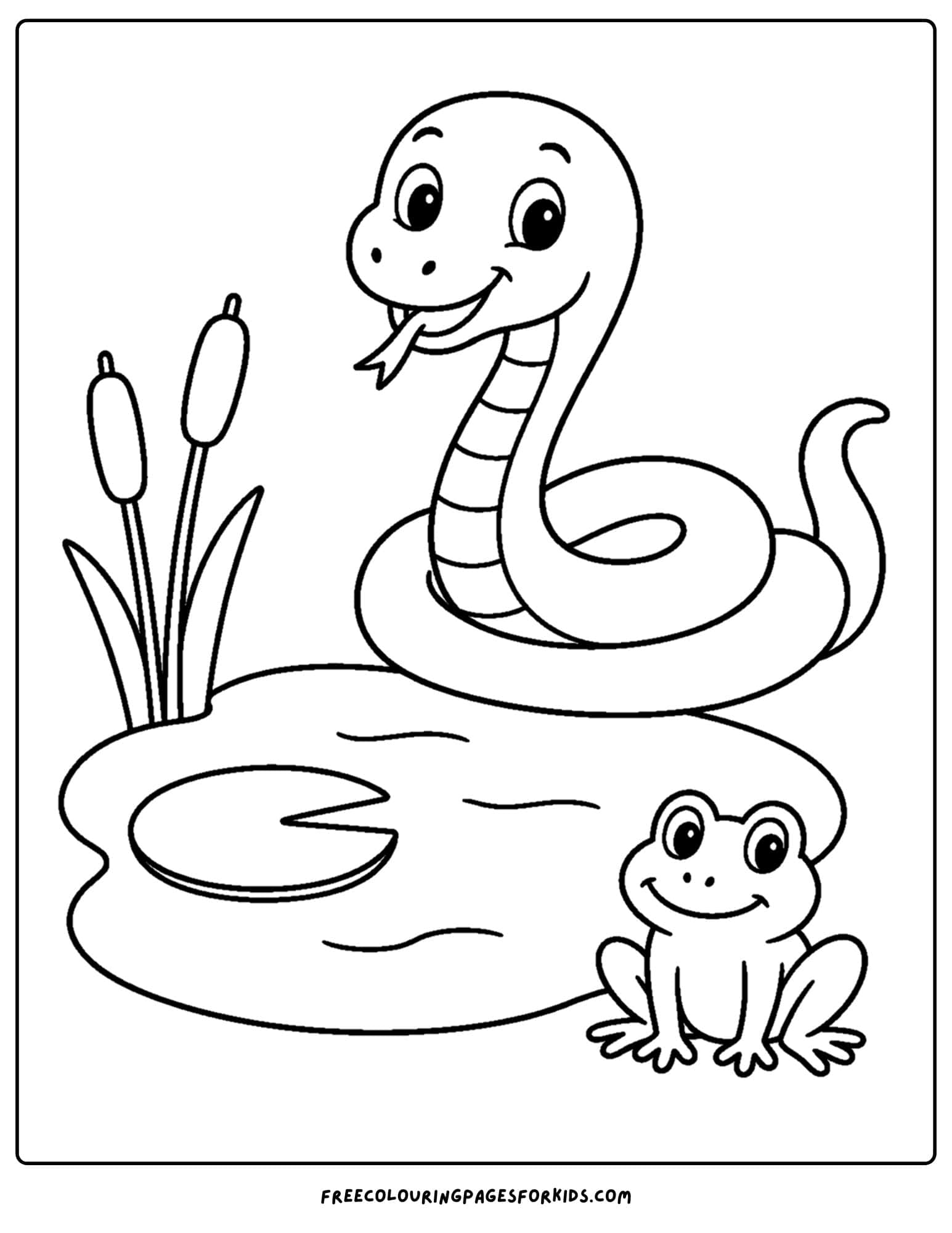a coloring page of a snake beside a pond with a frog