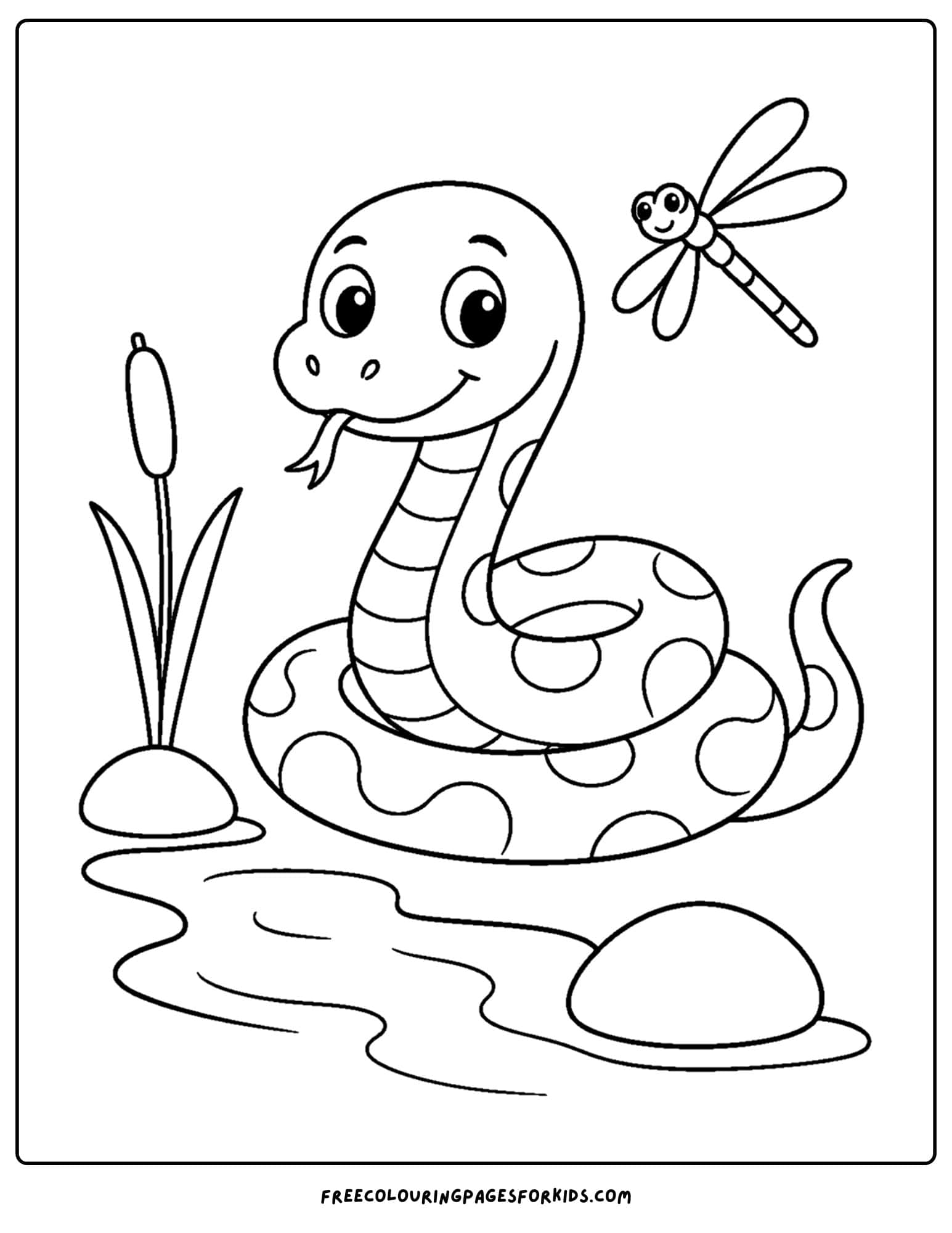 a coloring page of a snake next to a small stream of water