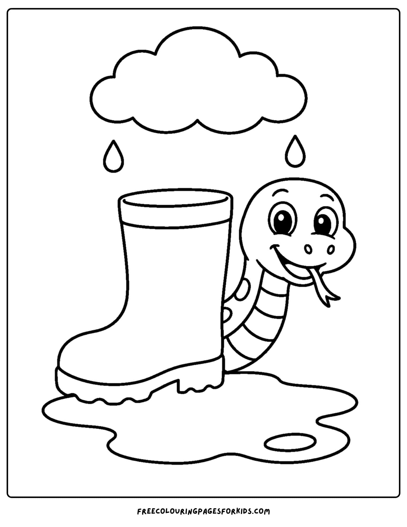 a coloring page of a snake hiding behind a rain boot on a wet day