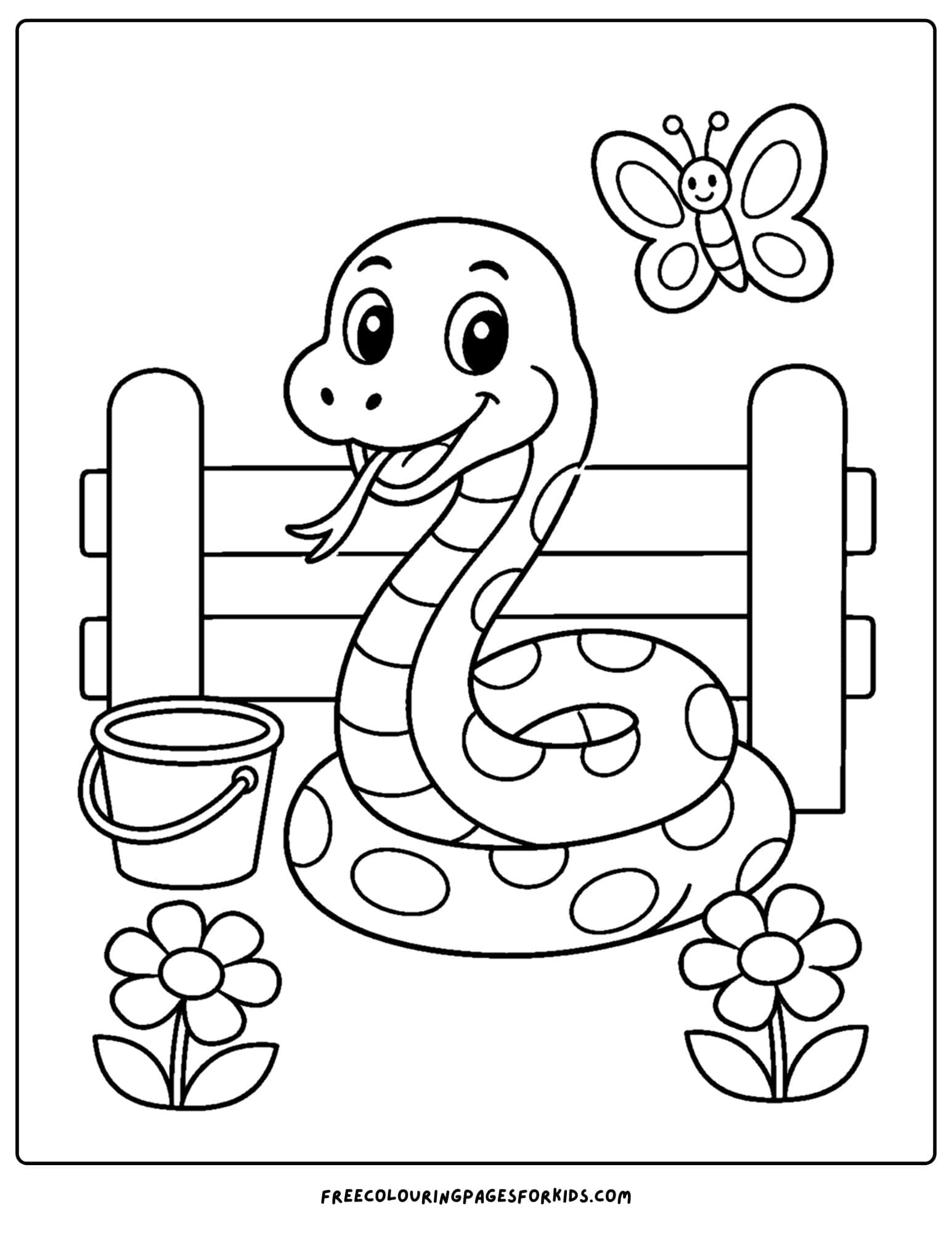 a coloring page of a snake in front of a fence