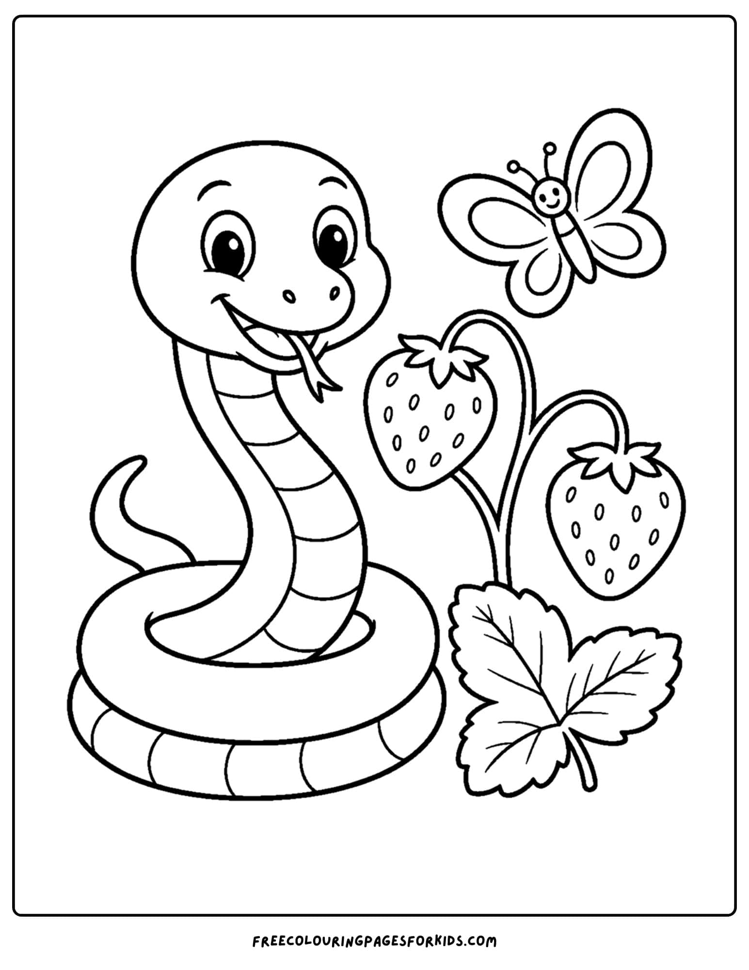 a coloring page of a snake next to a strawberry plant