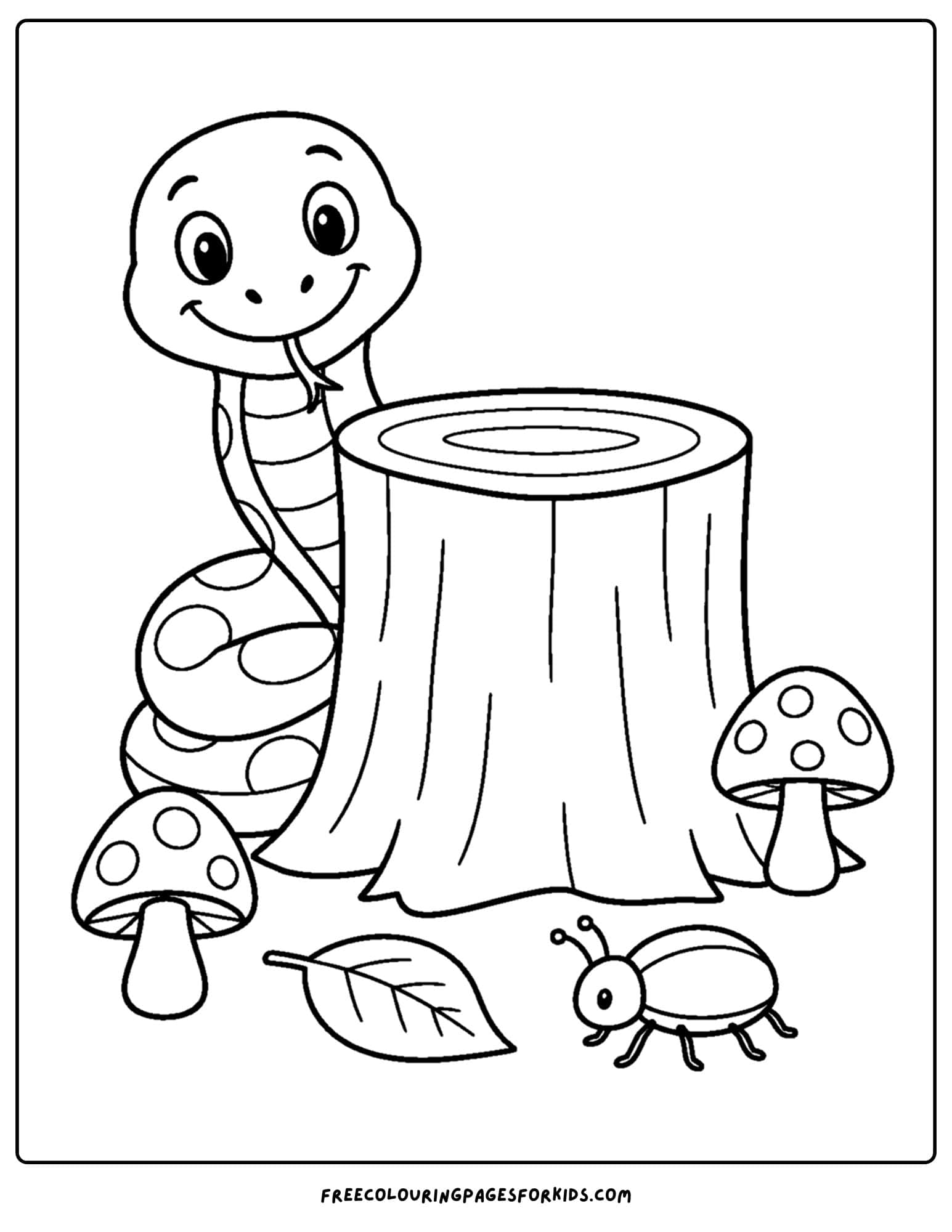 a coloring page of a snake beside a tree stump
