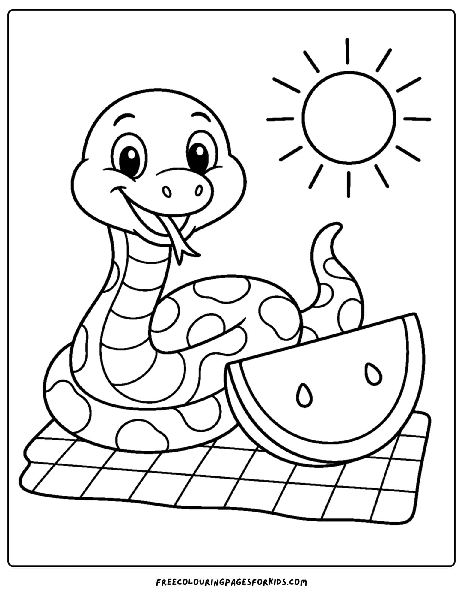 a coloring page of a snake having a watermelon picnic
